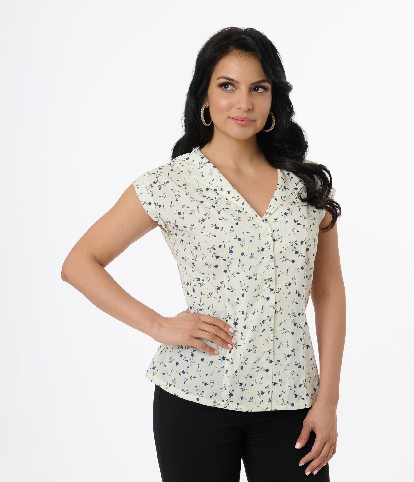 Vintage 1960s White & Blue Floral Cotton Sleeveless Blouse - Retro Summer Top for Women, Casual Wear & Boho Outfits