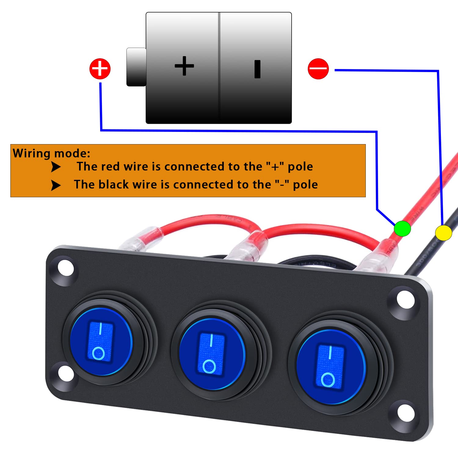 Mankk 3 Gang Rocker Switch Panel with 12V 20A LED Light - Waterproof Toggle Switch 3 Pin On/Off Blue LED Lighted Pre-Wired Round SPST Switch for Automotive, RV, Boat, Trailer, Marine & Off-Road Vehicles - Perfect for Dashboards, Control Panels & Electrical Systems