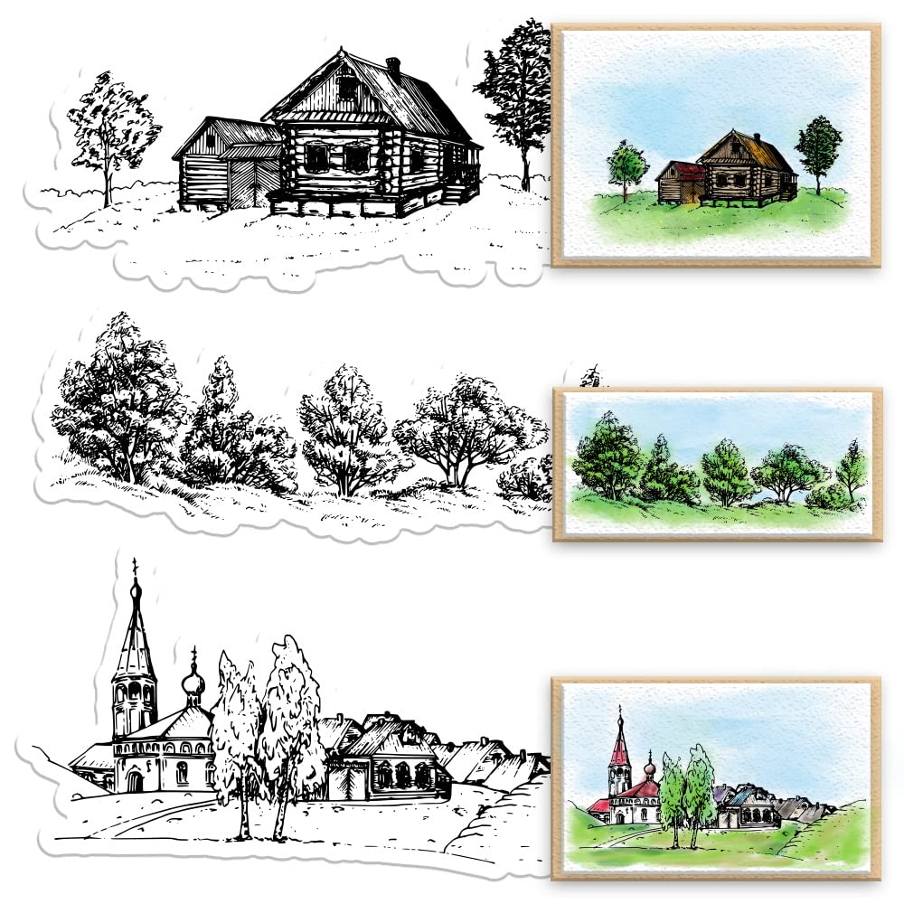 Premium Clear Silicone Rubber Stamps - Cabin Village Forest Tree Designs for Card Making, DIY Scrapbooking, Photo Album Decorations | Perfect for Handmade Greeting Cards, Journals, and Craft Projects