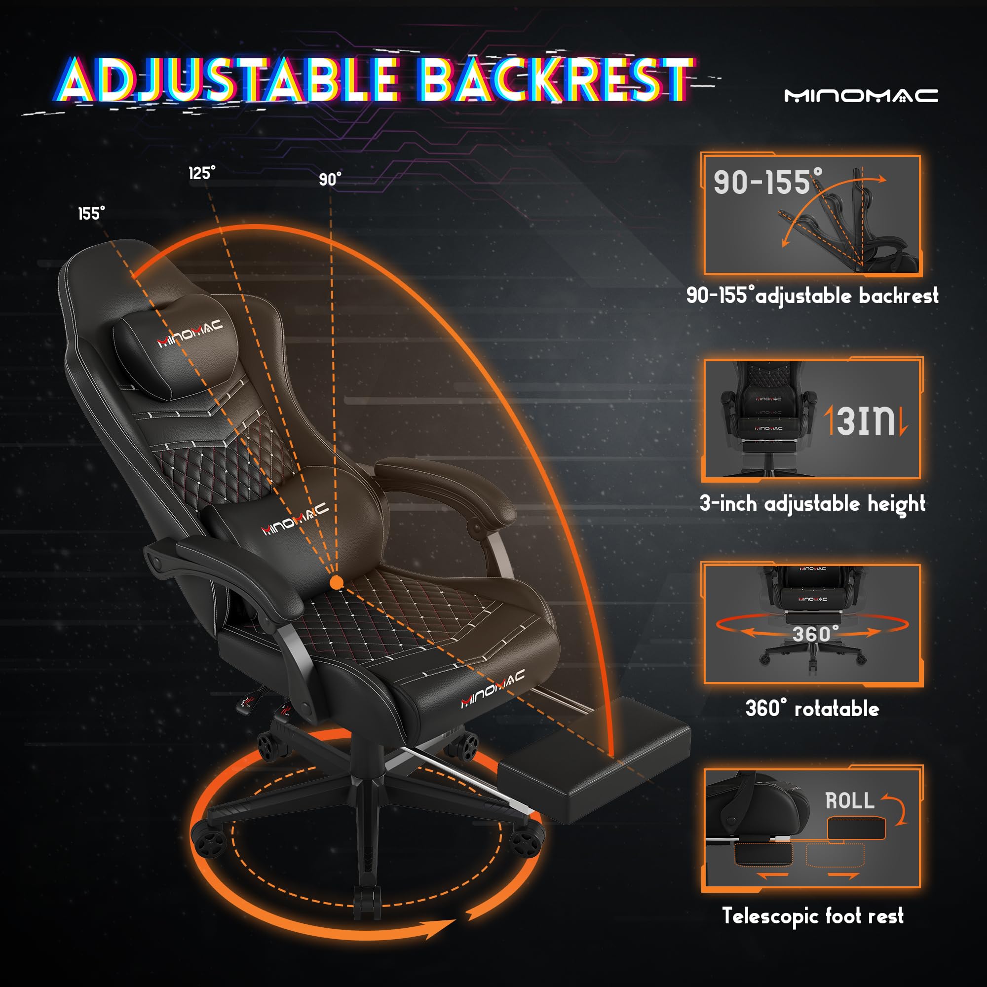 Premium Ergonomic Gaming Chair with Adjustable Footrest & 155° Recline - High Back Office Chair with Headrest & Lumbar Support for Adults & Kids (All Black) - Perfect for PC Gaming, Home Office & Streaming Setup