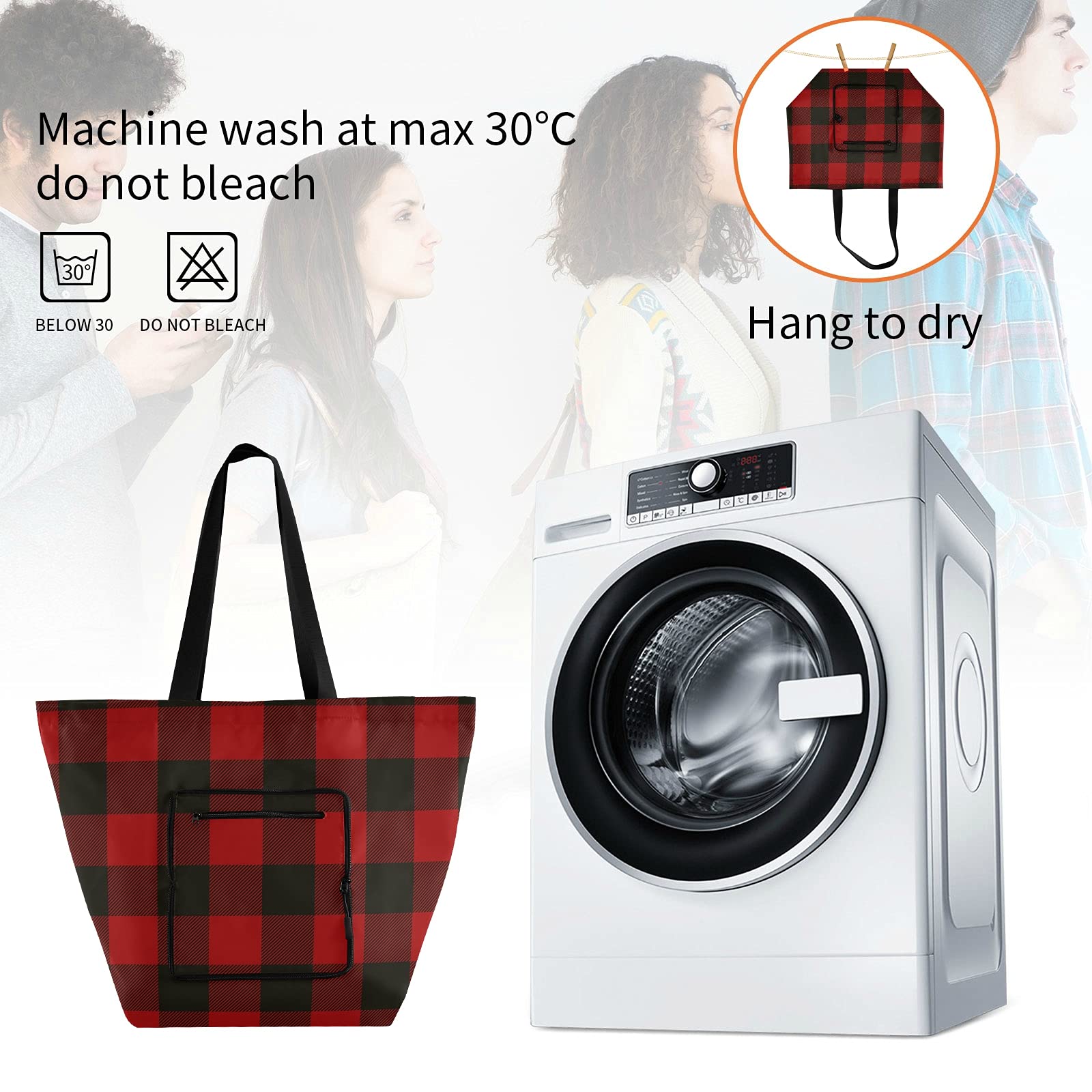 ALAZA Merry Christmas Plaid Buffalo Large Reusable Tote Bag - Foldable Lightweight Grocery Shopping Bag with Handles for Women, Outdoor Picnics, Travel & Holiday Gift Giving