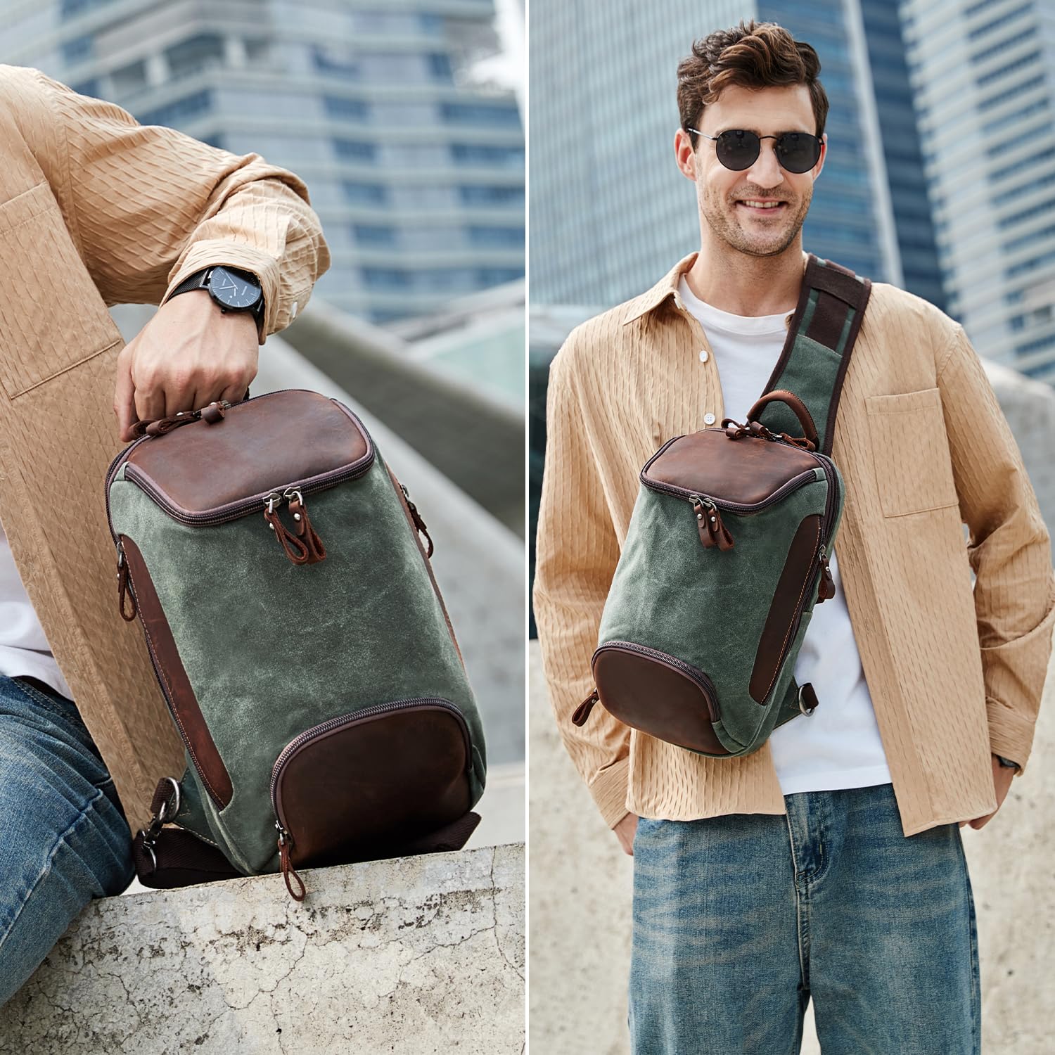 Men's Waxed Canvas & Leather Crossbody Sling Bag - Military Green Chest Shoulder Backpack for Travel, Hiking & Everyday Use