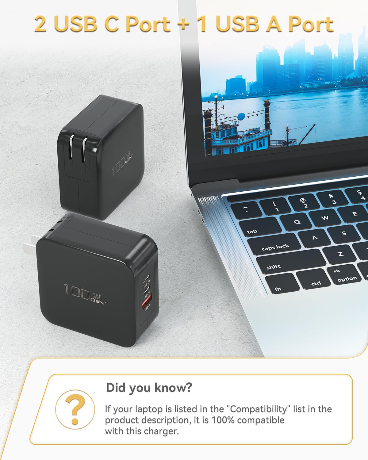 100W GaN USB C Fast Charger with 3 Ports - PD & QC 3.0 Compatible for MacBook, iPhone 15 Pro, Galaxy S23 - Compact Wall Charger for Travel, Office & Home Use