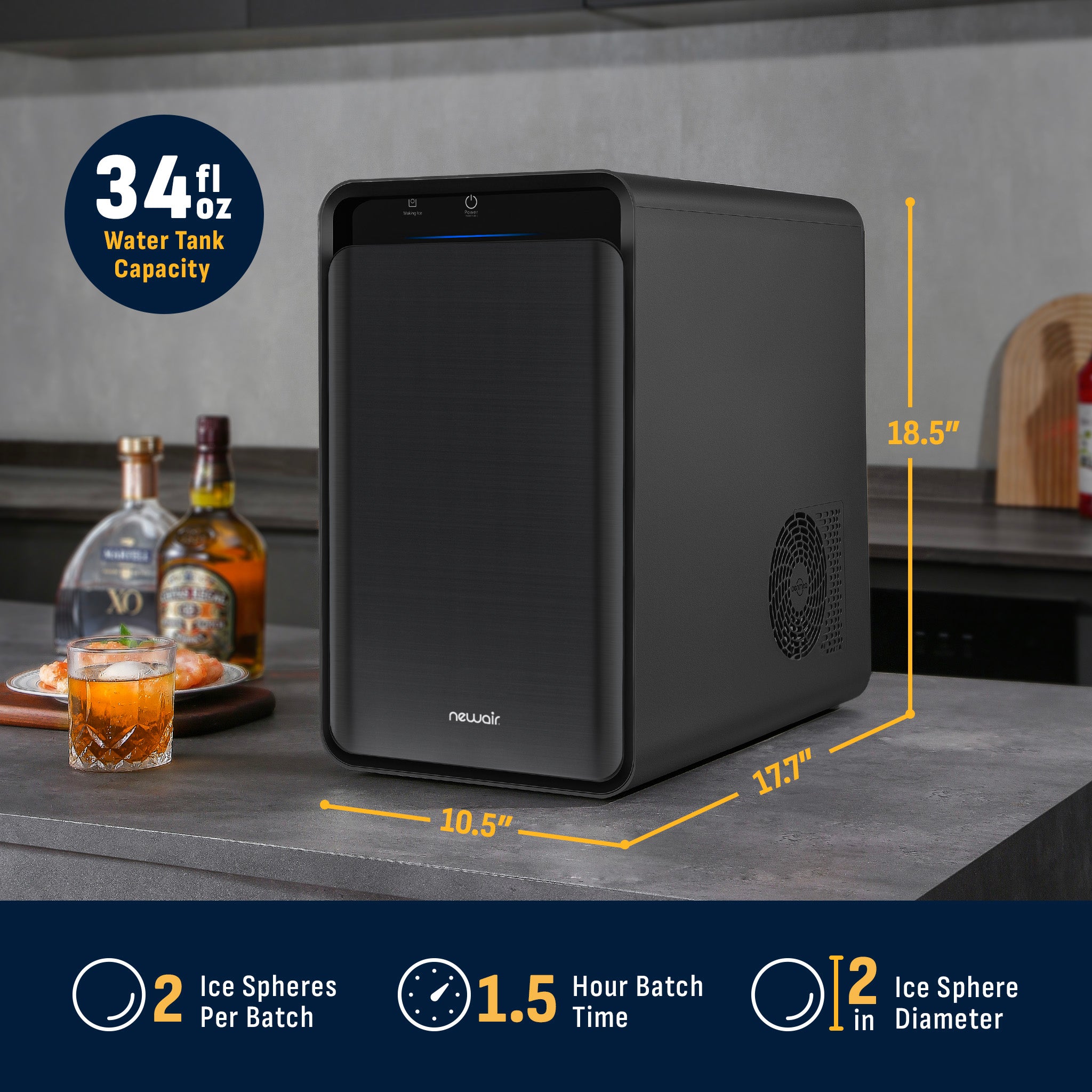 Newair® Countertop Whiskey Ice Ball Maker - 32 Ice Spheres in 24 Hours | Perfect for Cocktails, Bourbon & Scotch | Home Bar & Party Essential
