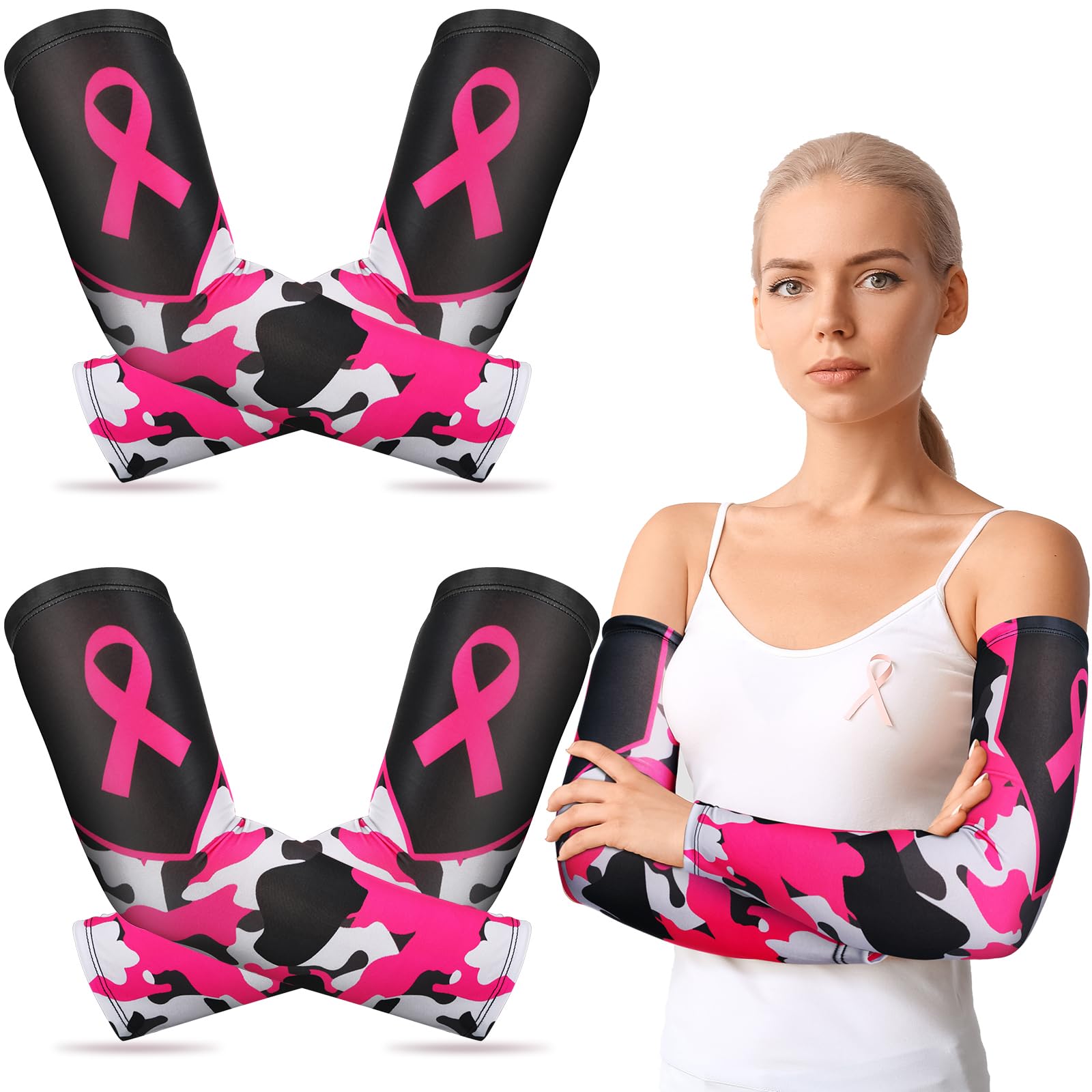2 Pairs Breast Cancer Awareness Arm Sleeves - Pink Ribbon UV Protection Compression Arm Covers for Women & Men - Perfect for Running, Cycling, and Outdoor Activities