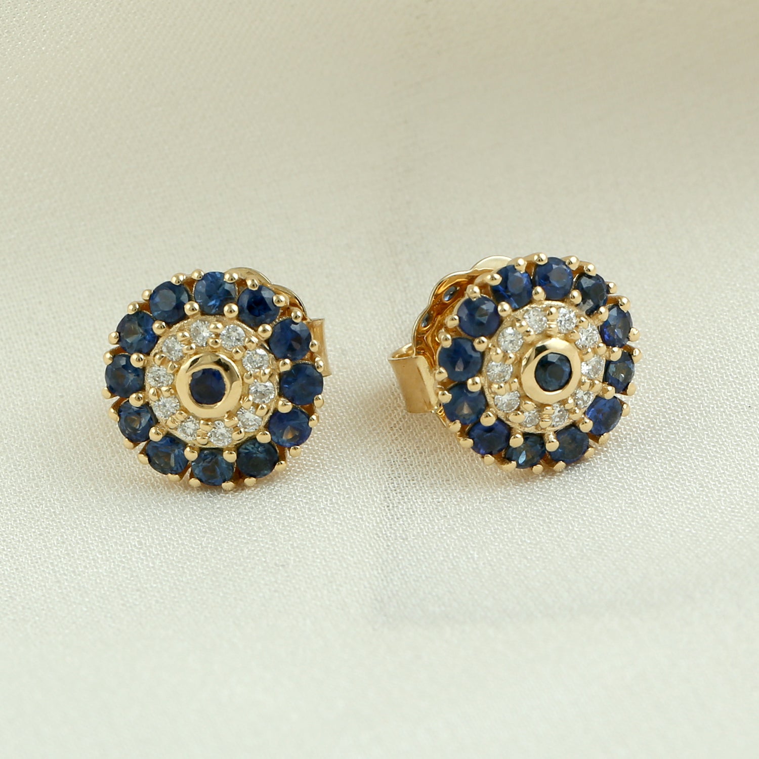 Blue Sapphire Pave Diamond Stud Earrings - 18K Yellow Gold Handmade Minimalist Jewelry for Women | Perfect for Weddings, Parties & Everyday Elegance