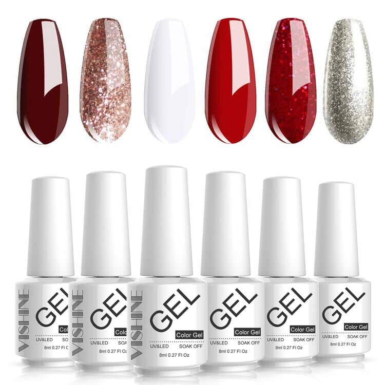 Vishine 6 Colors Gel Nail Polish Set - Elegant Glitter Soak Off UV LED Gel Polish Kit (Red, White) 8ml Non-Toxic for Home & Salon Nail Art Manicure