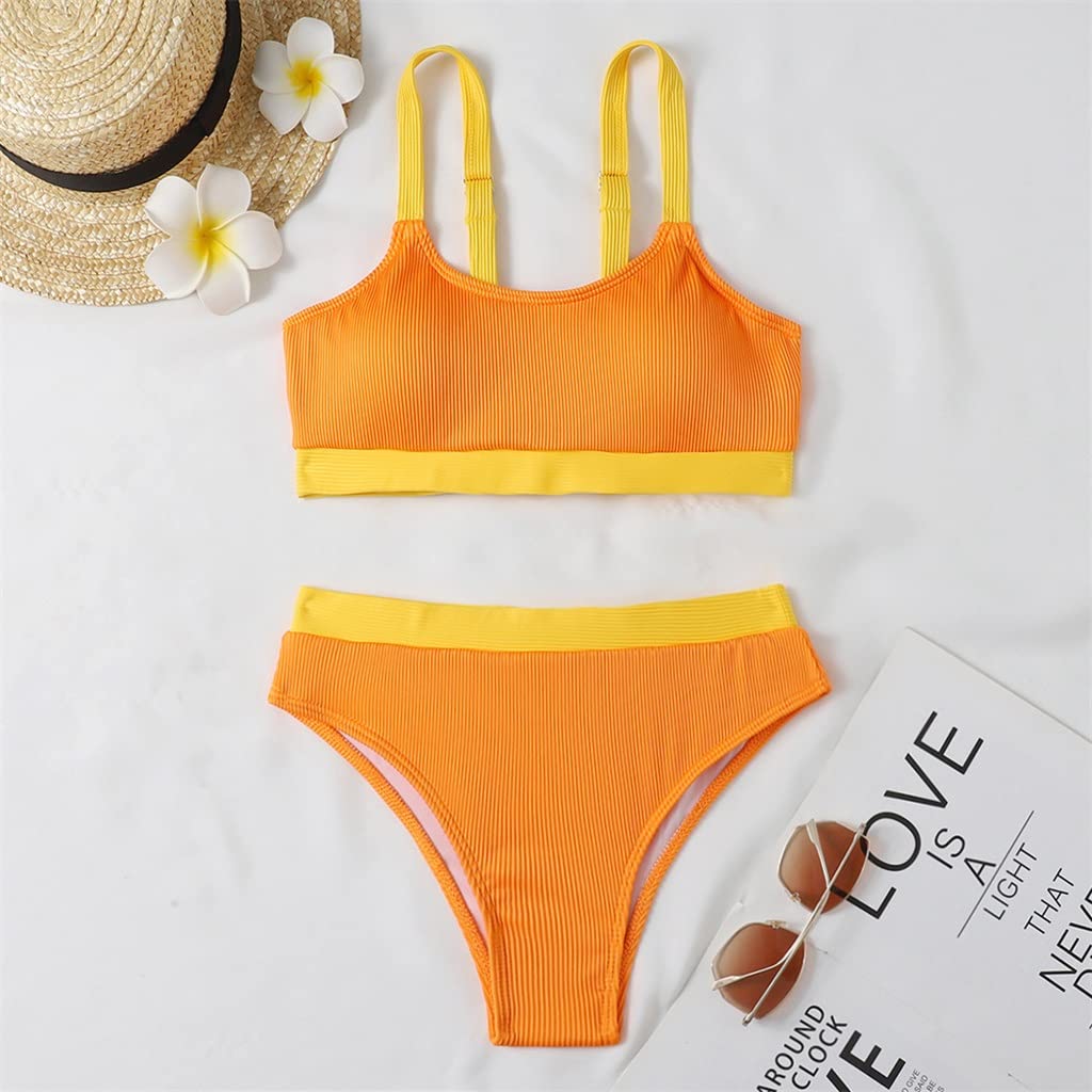 Sexy High Waist Bikini Swimsuits for Women - Push Up Bathing Suits with Splicing Design, Orange XL - Perfect for Beach Vacations & Pool Parties