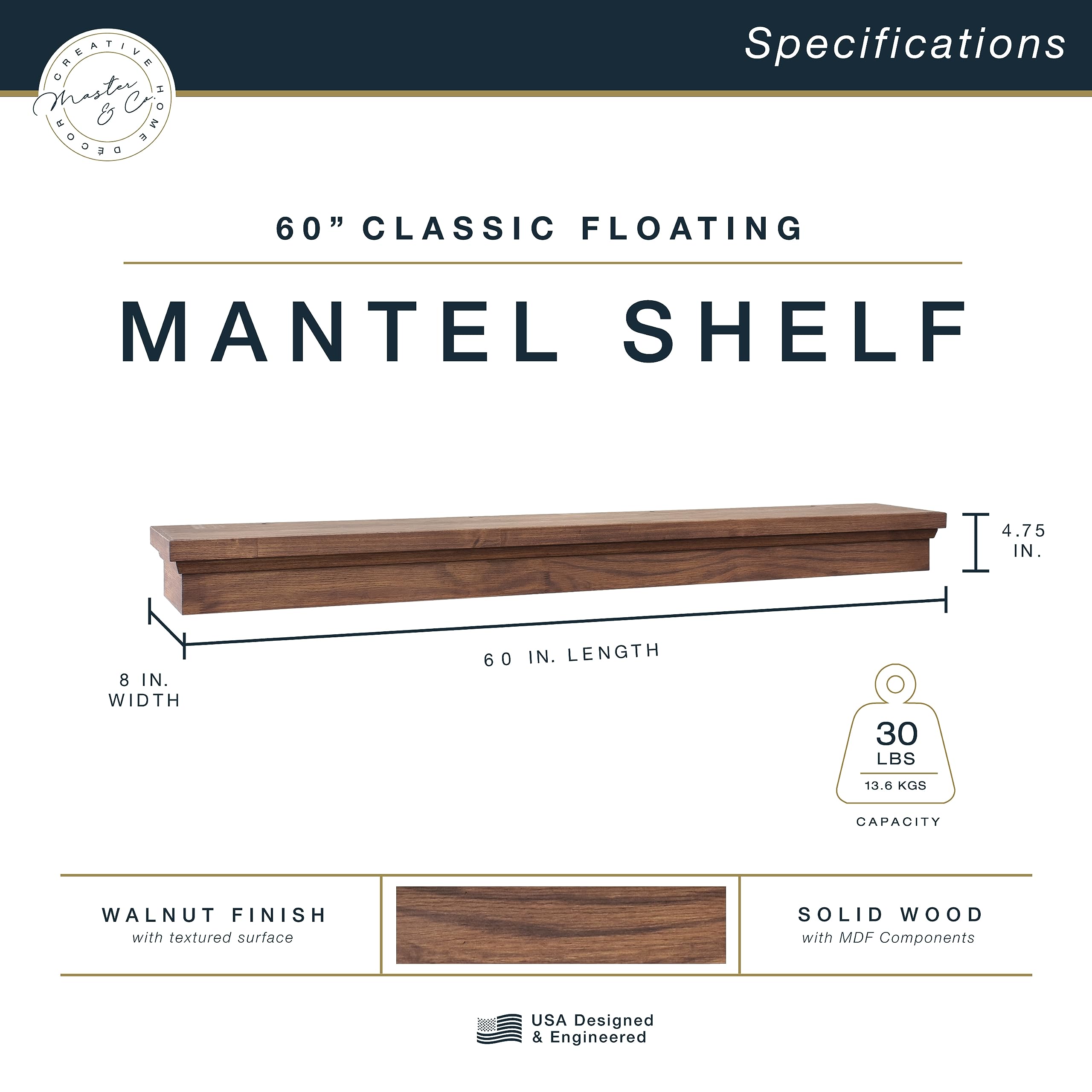60-Inch Walnut Wood Floating Fireplace Mantel Shelf - Solid Wood Wall Mounted Mantel for Living Room Decor, Photo Display & Home Decor with Cleat Hanging System | Perfect for Fireplace Surround, TV Stand & Rustic Home Decor