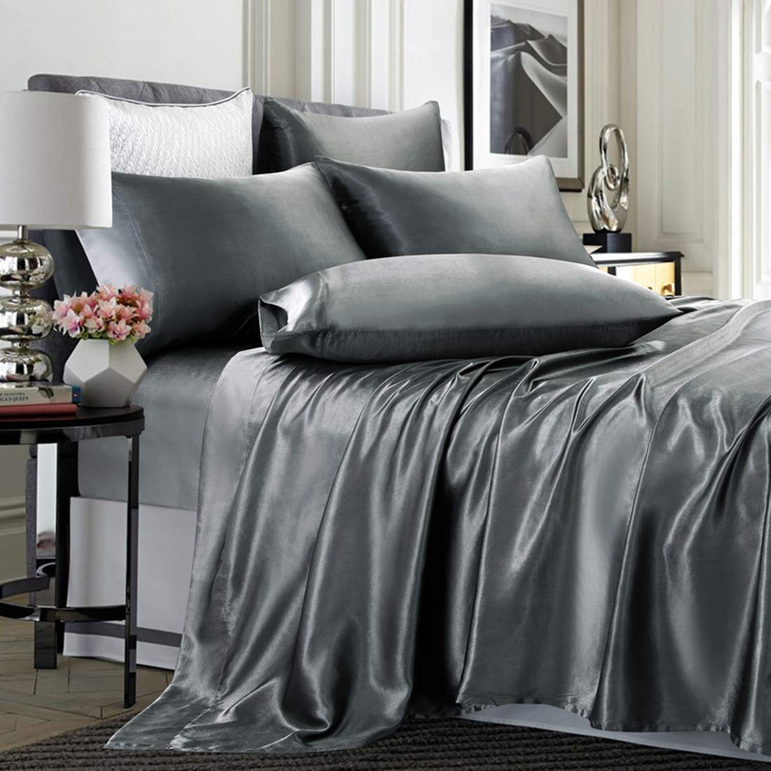 TREELY 4-Piece Satin Sheet Set Twin Size - Silky Smooth Grey Satin Bedding with Deep Pocket (Fitted Sheet, Flat Sheet, 2 Pillowcases) - Luxury Bed Sheets for Soft Comfort & Elegant Bedroom Decor