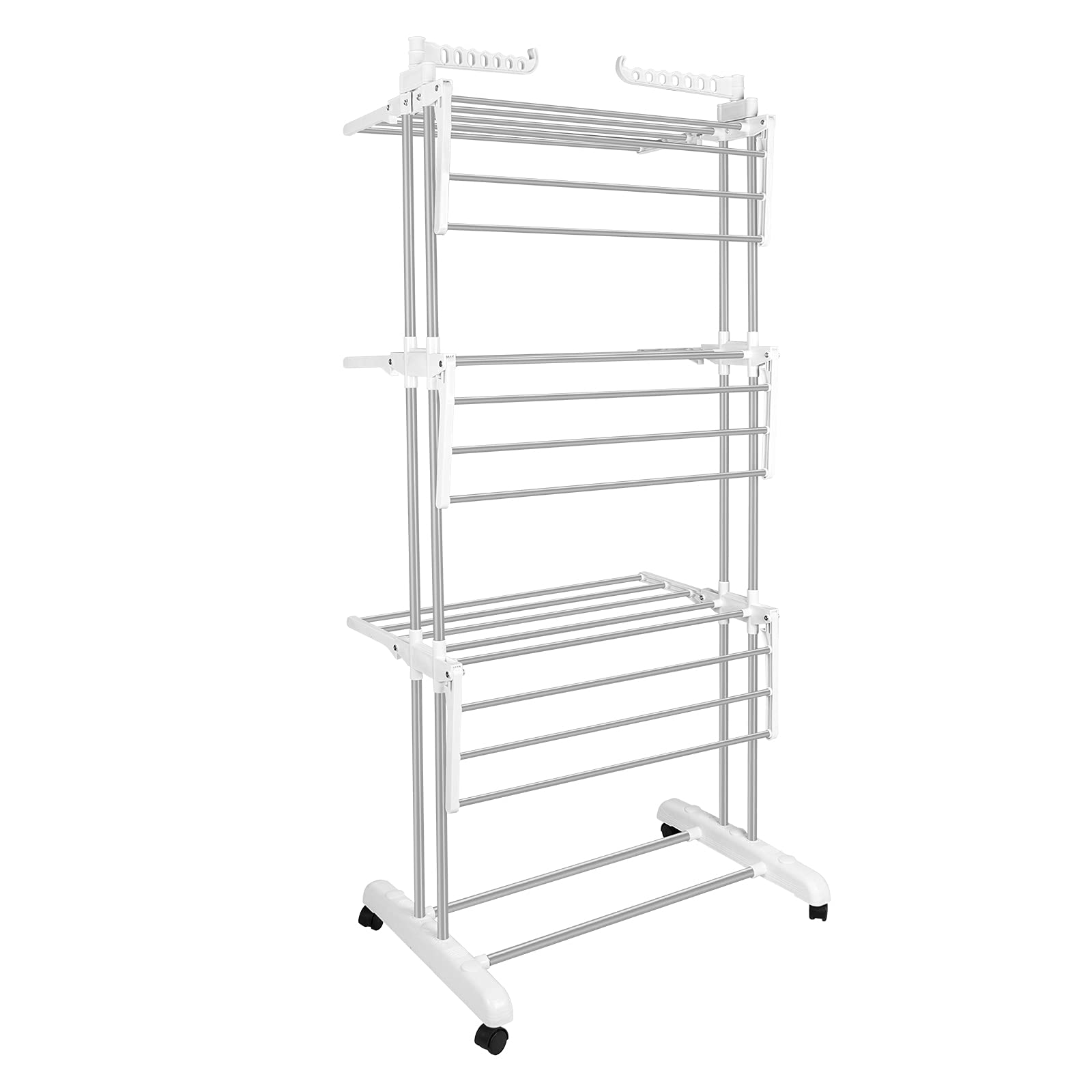 Bigzzia 4-Tier Stainless Steel Clothes Drying Rack - Foldable Laundry Rack for Indoor & Outdoor Use with 2 Side Wings | Space-Saving Grey White Garment Organizer | Perfect for Apartments, Balconies, and Small Spaces