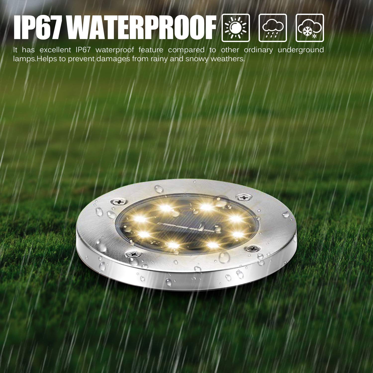 8 Pack Solar Ground Lights Outdoor Waterproof - 8 LED Solar Disk Lights for Garden, Pathway, Lawn, Yard, Deck, Patio & Walkway - Warm White Lighting for Nighttime Safety & Ambience