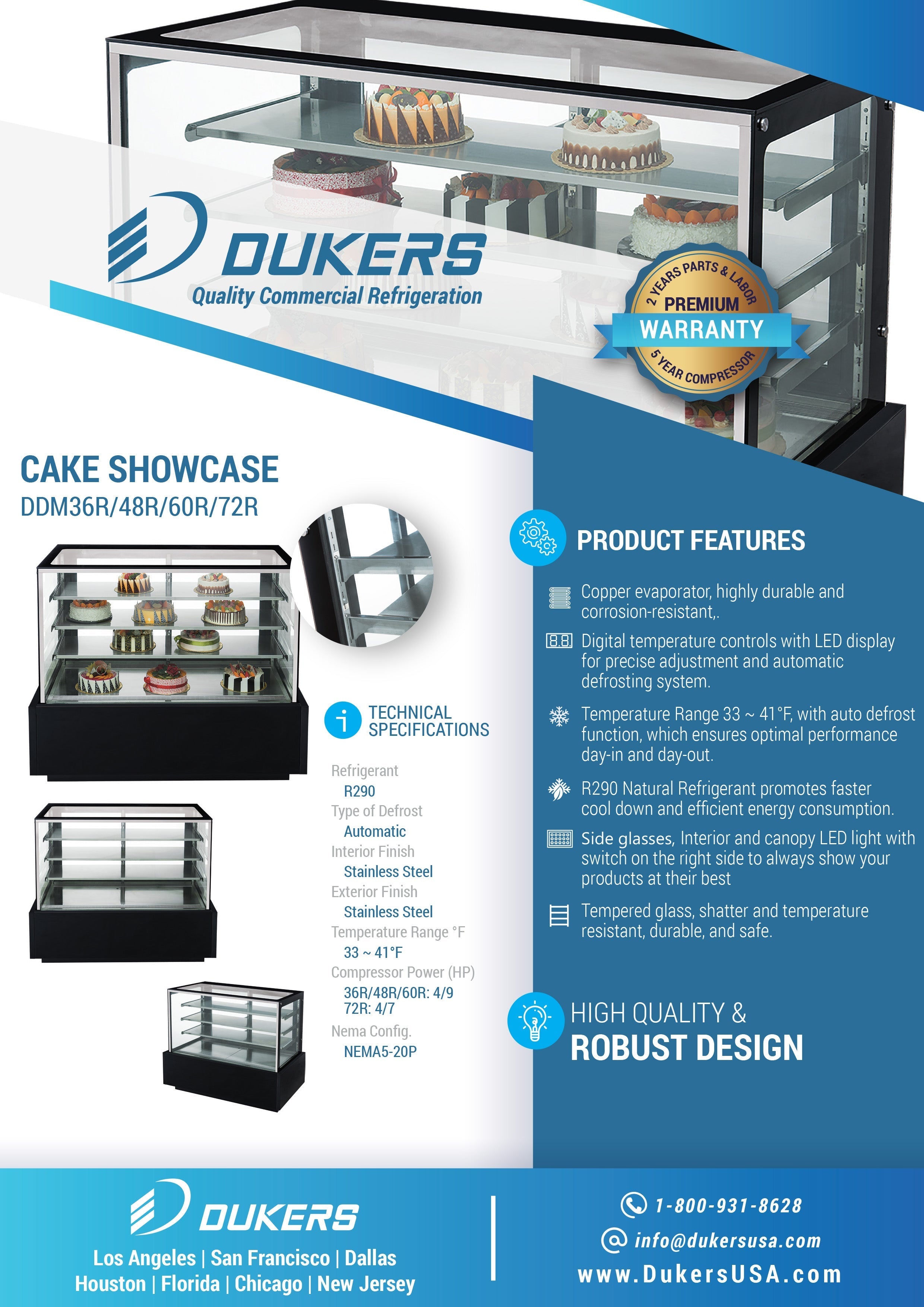 Dukers DDM72R 72-Inch Straight Glass Bakery Display Case - Commercial Refrigerator for Donuts, Pastries & Desserts - Perfect for Bakeries, Cafes & Restaurants
