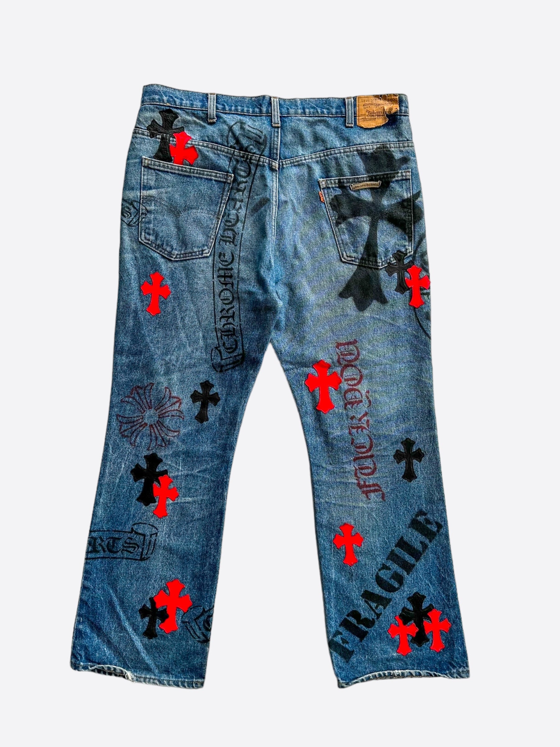 Chrome Hearts x Levi's Blue Black & Red Cross Patch Stencil Jeans for Men - Vintage Distressed Denim Pants for Casual Wear & Street Style