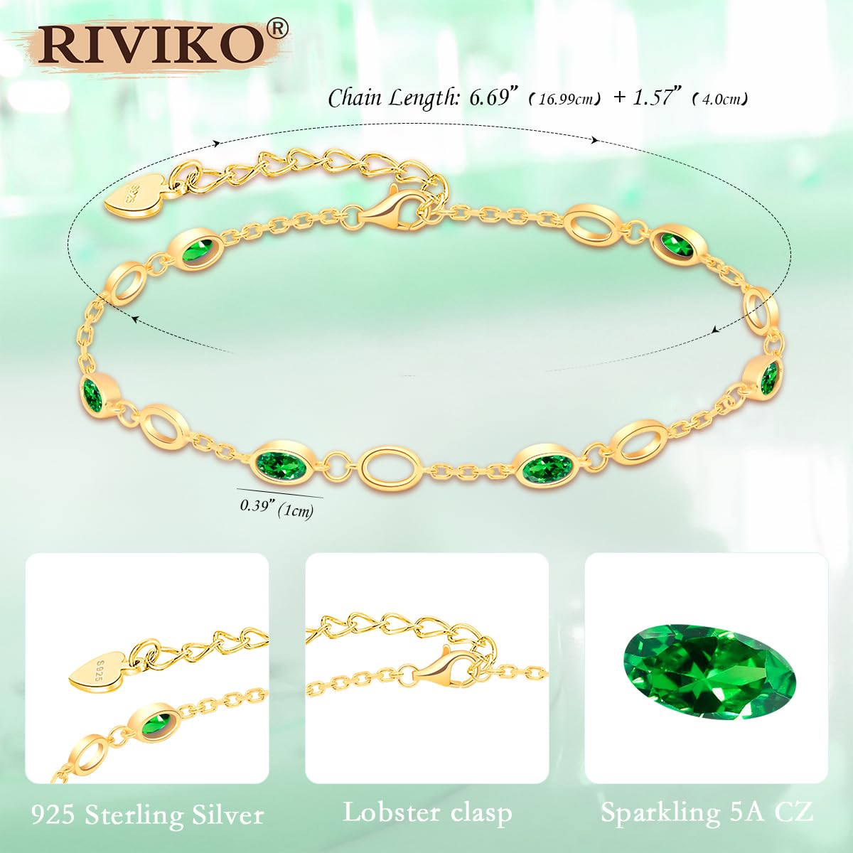 RIVIKO 925 Sterling Silver Gold Plated Birthstone Charm Bracelet for Women - Adjustable Dainty Link Bracelet, Anniversary Valentine's Christmas Birthday Gift for Her, Mom, Wife, Friend | Perfect for Everyday Wear, Special Occasions & Thoughtful Gifting
