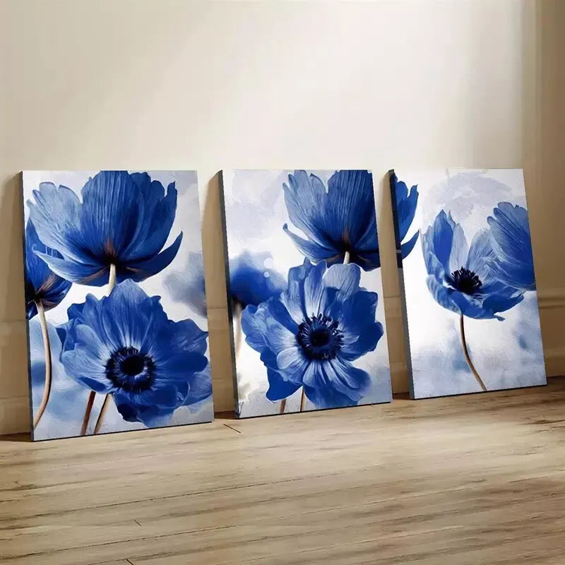 3pc Blue Poppy Flower Wall Art Set - Framed Canvas 50x70cm (19.7x27.6in) - High Quality Print - 100% Australian Made - Ready to Hang - Perfect for Living Room, Bedroom & Office Decor