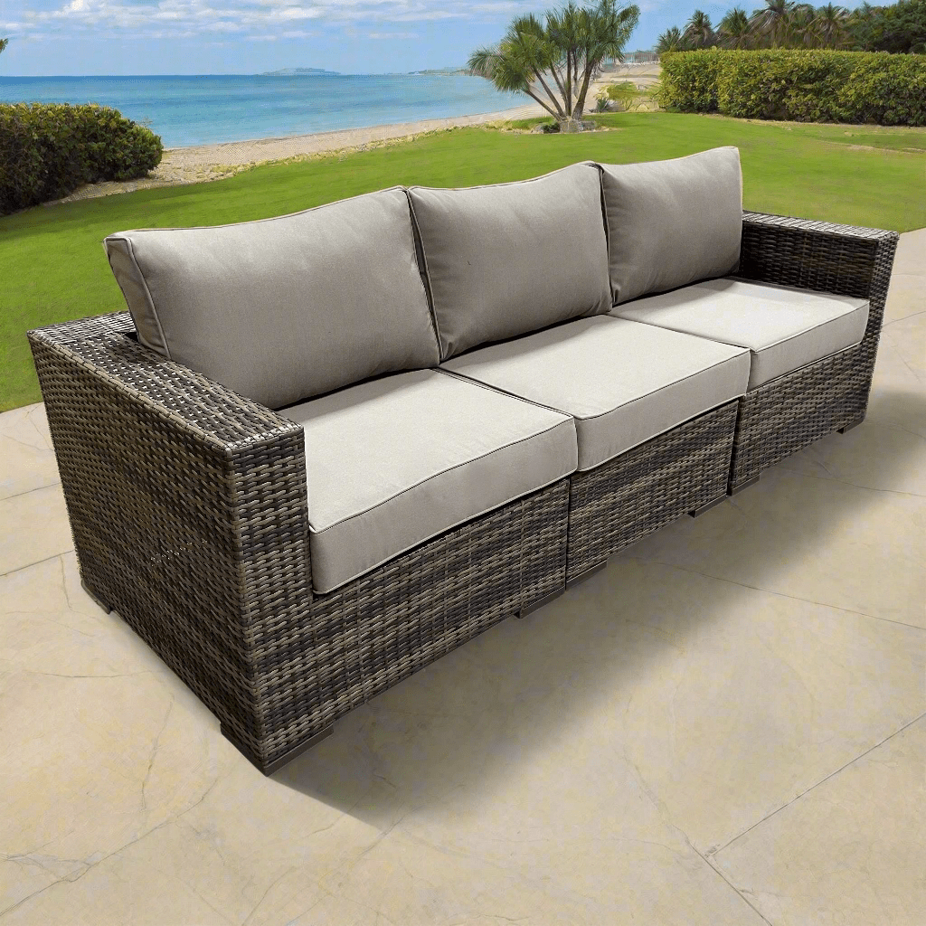 Brown Valence Outdoor Patio Wicker Sofa Set with Sunbrella Taupe Cushions - Weather-Resistant All-Weather Wicker Furniture for Backyard, Garden, Poolside & Patio Relaxation