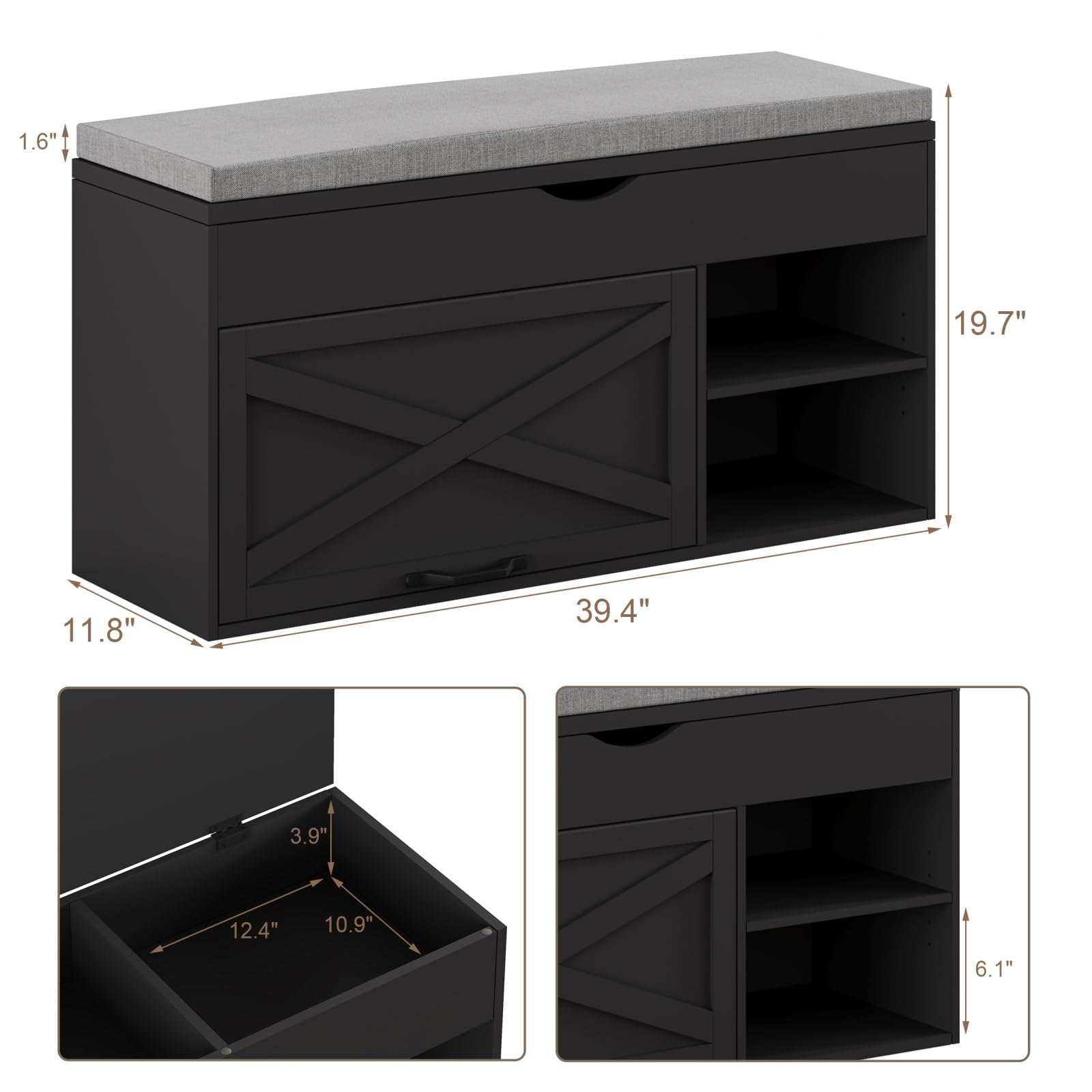 ChooChoo Storage Bench with Cushion - Lift Top Shoe Bench with Adjustable Shelf, Entryway Shoe Cabinet for Living Room & Bedroom - Perfect for Organizing Shoes, Hats & Seasonal Items in Small Spaces (Black)