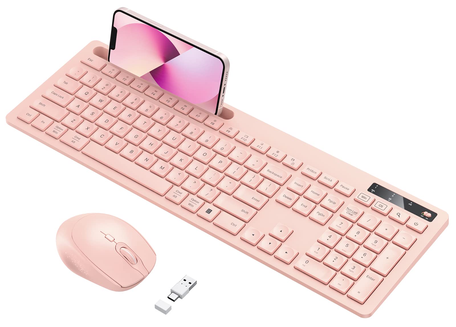 Vivefox Pink Rose Wireless Keyboard and Mouse Combo for MacBook - Full-Size Bluetooth Keyboard with Phone Holder, USB A & Type C Receiver - Compatible with Mac, MacBook Air/Pro & Windows PC - Perfect for Home Office, Gaming & Remote Work