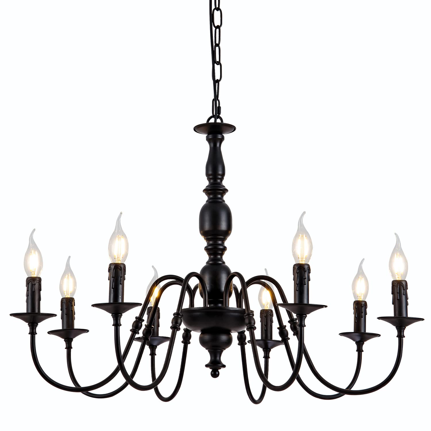 Black 30-Inch French Country Farmhouse Chandelier - 8-Light Candle-Style Metal Pendant Lighting for Kitchen Island, Dining Room, Bedroom & Living Room | Rustic Home Decor & Vintage Ceiling Fixture