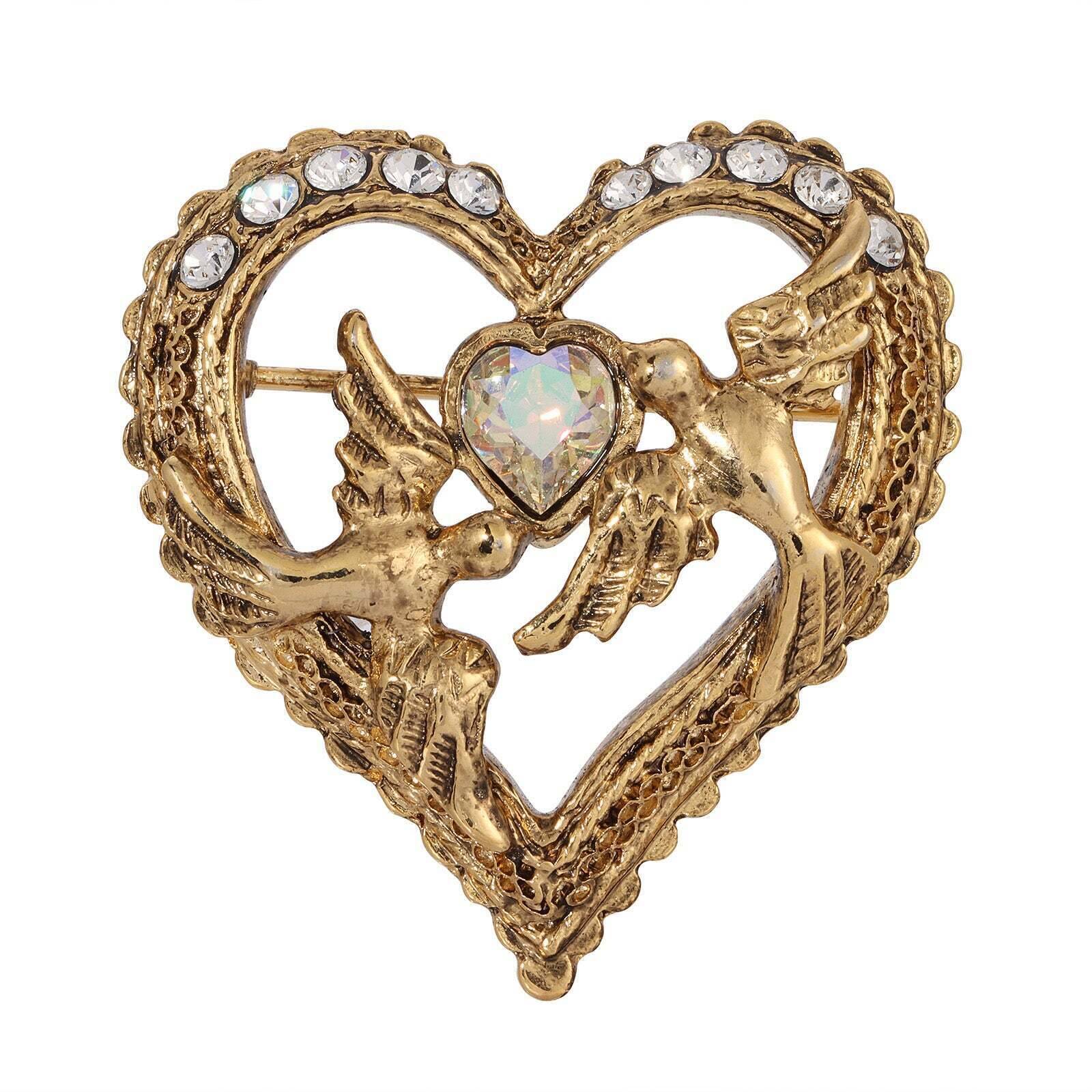 1928 Vintage Crystal Heart Love Birds Brooch Pin - Elegant Antique Jewelry for Women, Perfect for Weddings, Anniversaries & Special Occasions