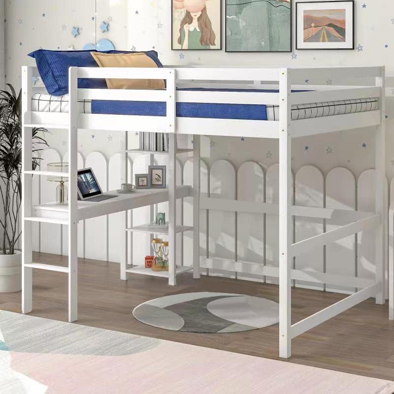 Aoowow Full Size Wood Loft Bed with Study Desk, Storage Shelves & Bookcase - Sturdy High Loft Bed Frame with Safety Guardrail & Ladder for Kids & Teens - No Box Spring Needed (White) - Perfect for Small Bedrooms, Dorm Rooms & Space-Saving Kids' Rooms