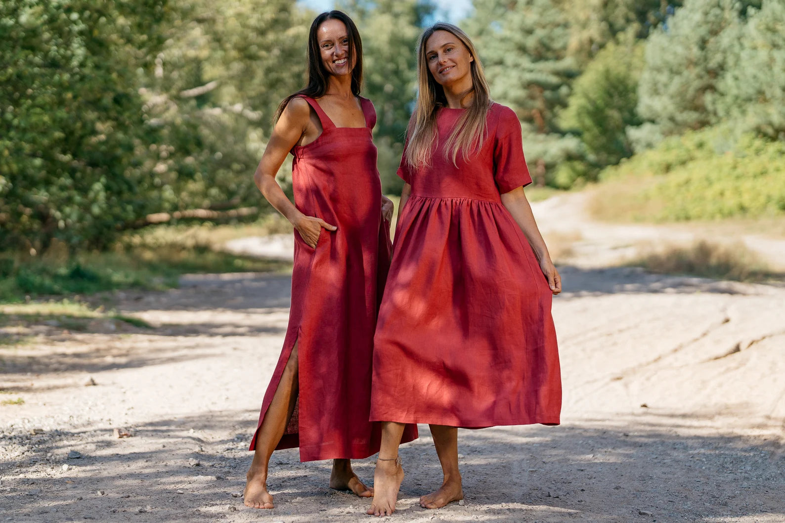 Blue Sky Linen Loose Dress in Raspberry - Comfortable Summer Maxi Dress for Beach, Vacation and Casual Wear