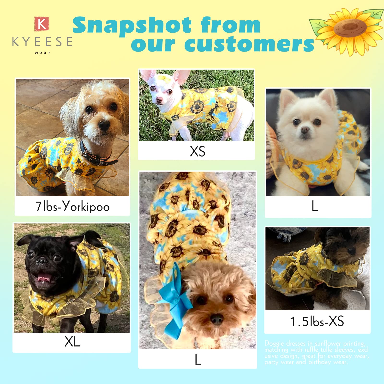 KYEESE Sunflower Dog Dress for Small Dogs - Cute Tulle Sundress with Ruffle Sleeves Pet Apparel | Perfect for Summer Outings & Photo Shoots