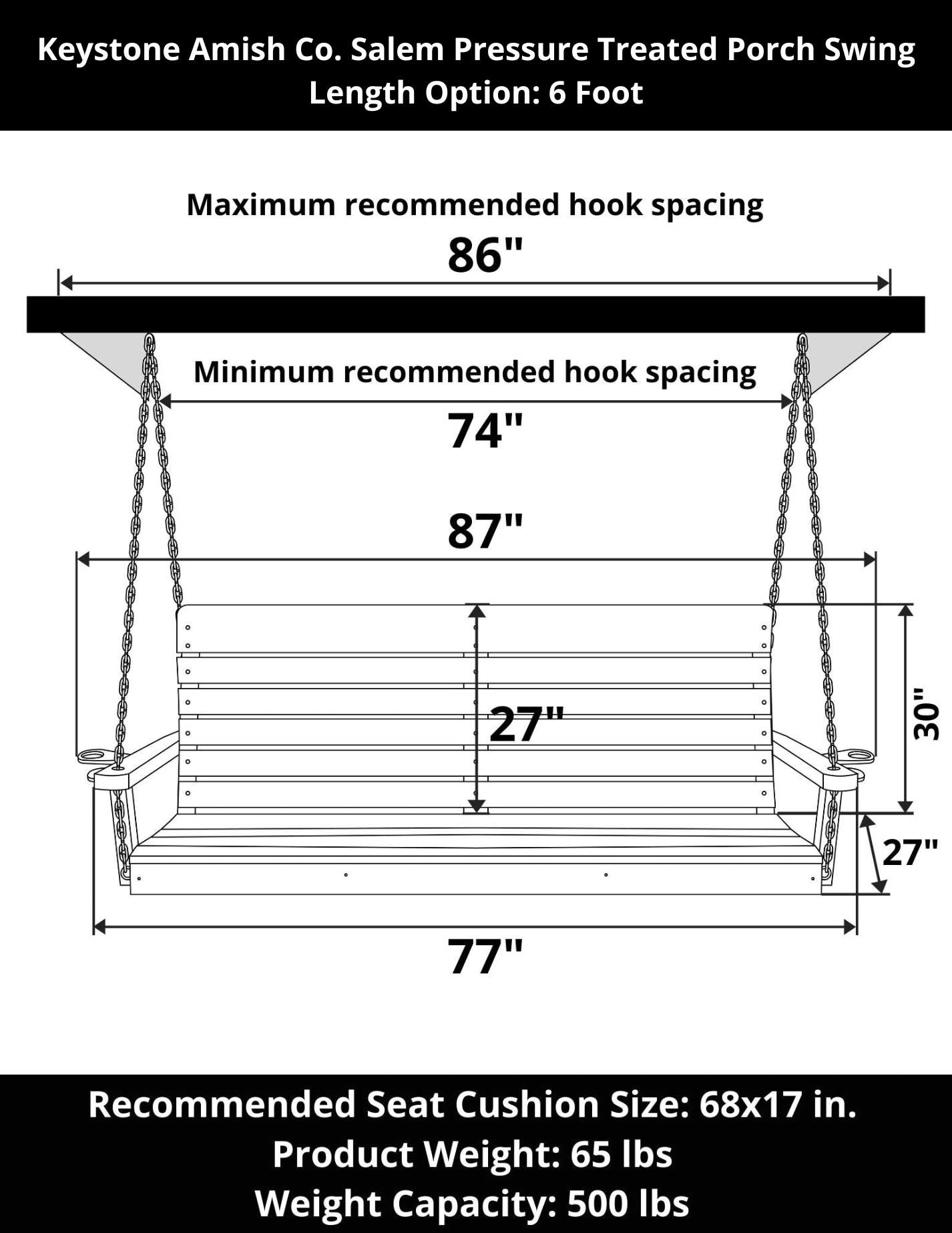 Keystone Amish Co. 6 Foot Salem Pressure Treated Unfinished Porch Swing - Perfect for Outdoor Patio, Garden, or Backyard Relaxation