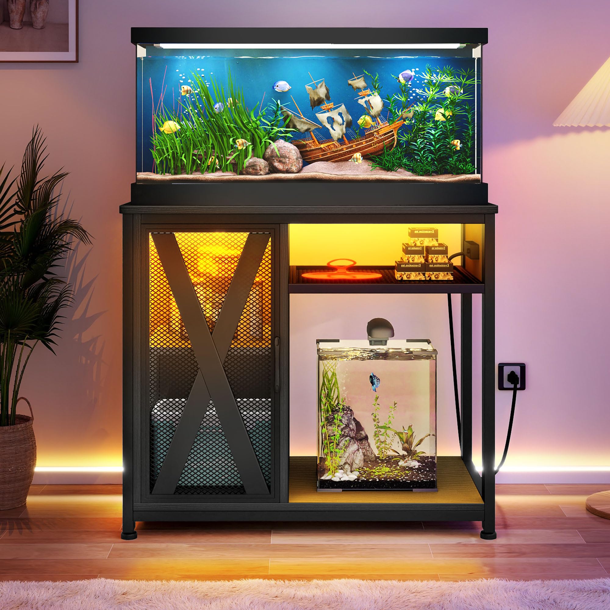DWVO 40-50 Gallon Aquarium Stand with Power Outlets & LED Light - Heavy Duty Metal Fish Tank Cabinet for Storage, Turtle & Reptile Terrarium - 660LBS Capacity, Black - Perfect for Home, Office & Pet Store Displays