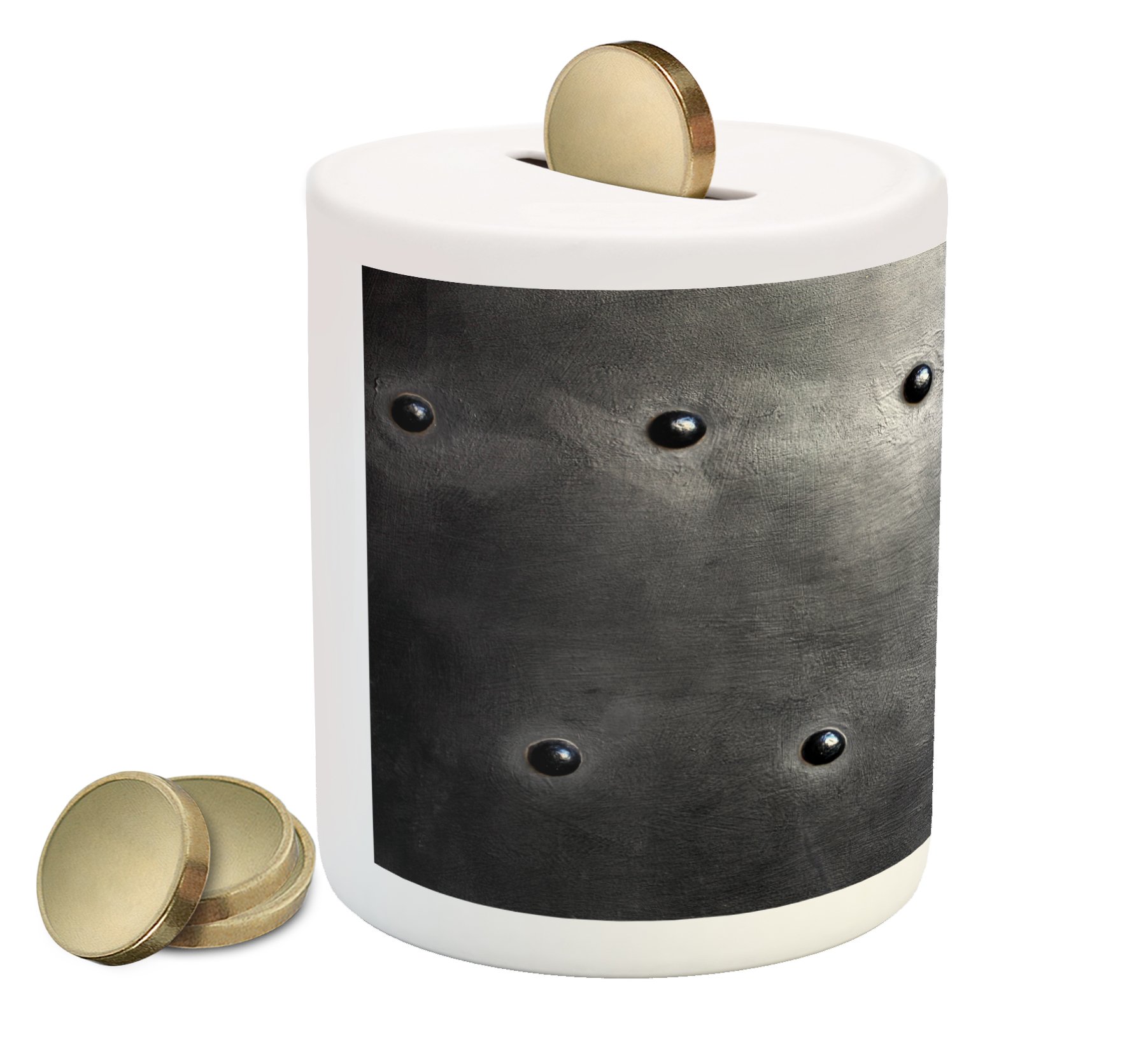 Ambesonne Industrial Piggy Bank - Black Grunge Plate Armor Ceramic Money Box with Rivet Design | Unique Coin Bank for Cash Savings | Perfect for Home Office Decor, Industrial Themed Gifts & Piggy Bank Collectors