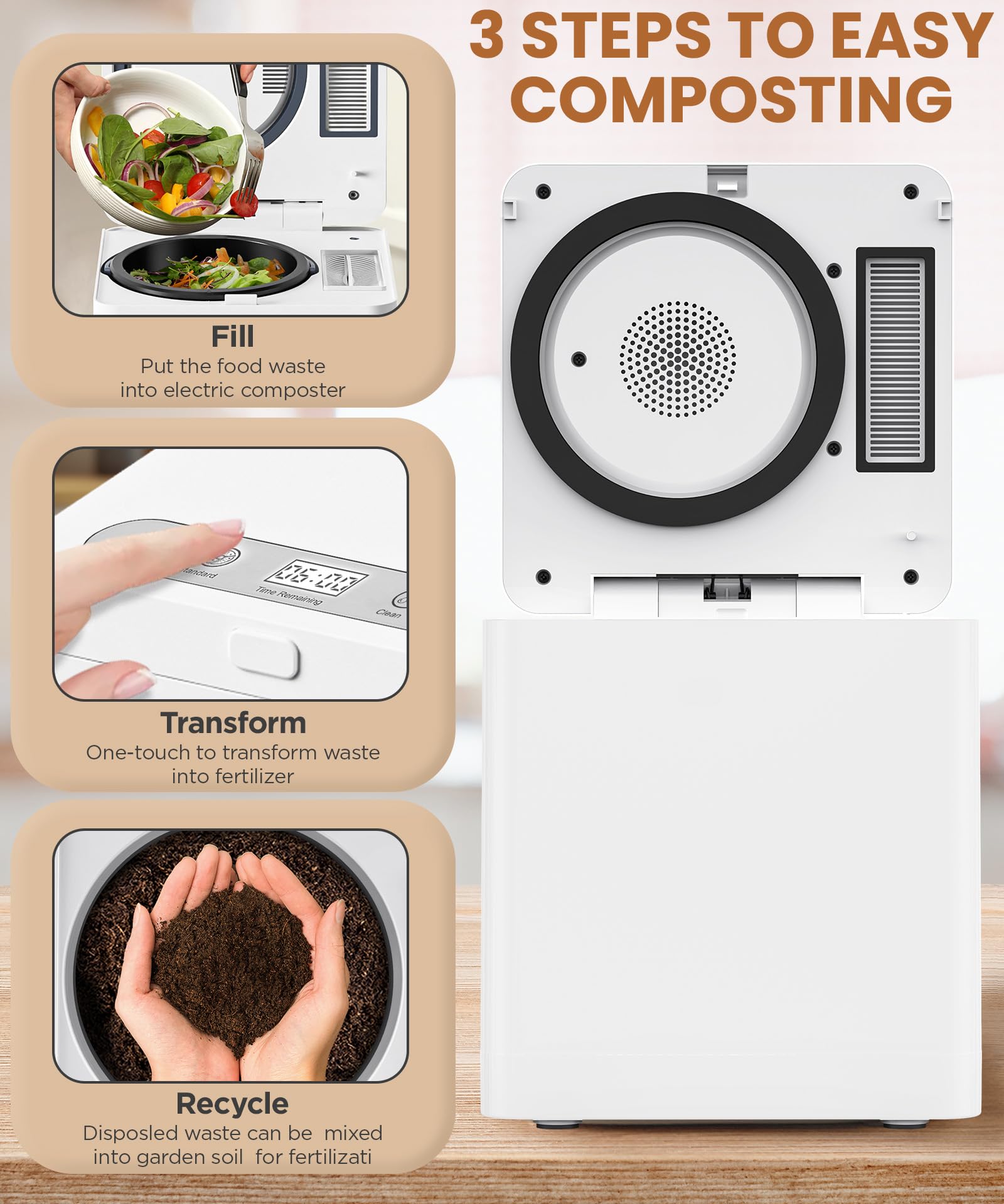 3L Electric Kitchen Composter - Smart Countertop Compost Bin with Odorless Operation, Auto-Clean & LED Display - Converts Food Waste to Fertilizer in 4-6 Hours - Perfect for Eco-Friendly Homes & Small Kitchen Spaces