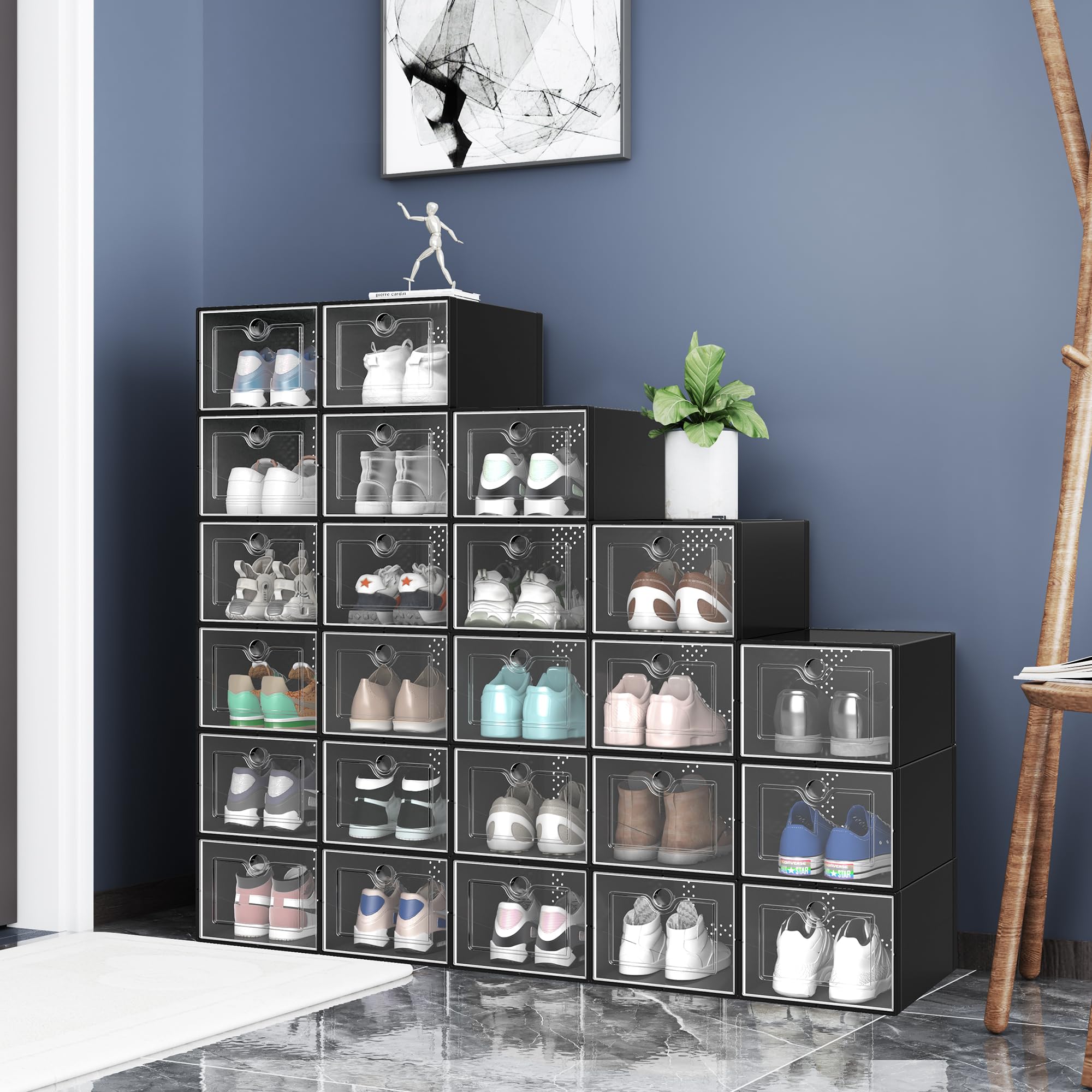 YITAHOME XL 24-Pack Shoe Storage Boxes - Fits Up to US Men's Size 15, Stackable Plastic Shoe Organizer Bins with Clear Front for Sneakers & Boots - Perfect for Closet, Bedroom & Entryway Organization (Black)
