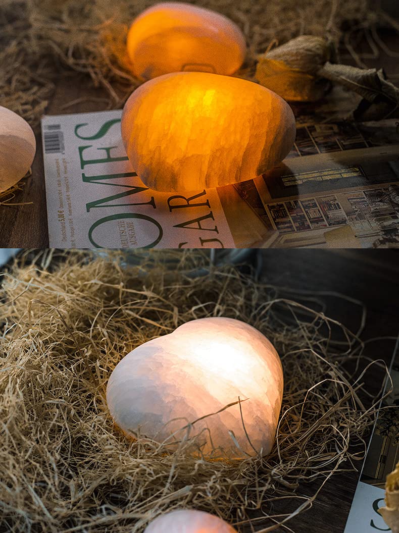 Rechargeable Selenite Crystal Lamp - Hand Carved Natural Stone Night Light with Dimmer (White/Warm/Yellow, Heart Shape) | Healing Crystal Light for Bedroom, Meditation & Yoga Space