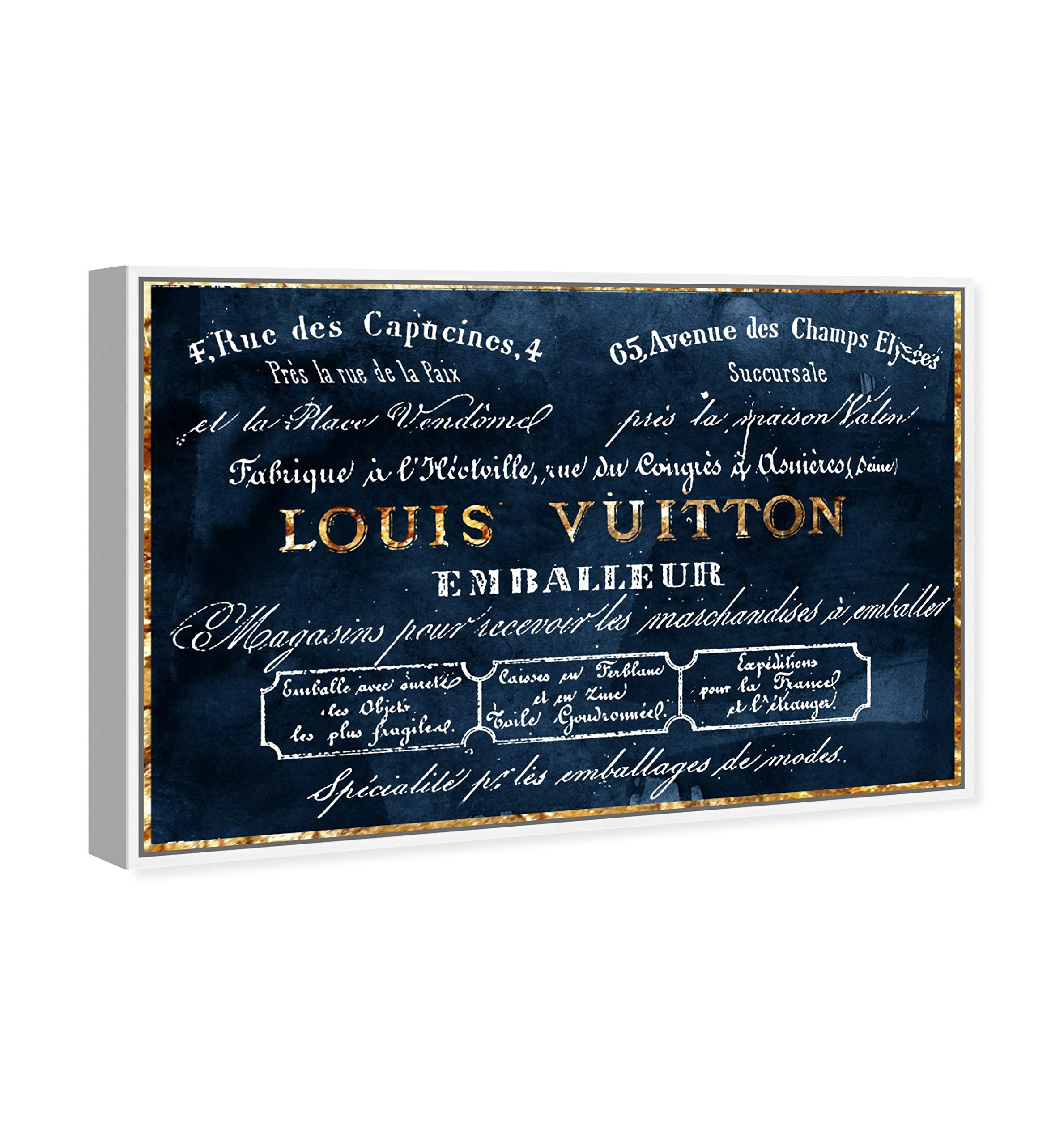 Oliver Gal Artist Co. Framed Wall Art Canvas Print - 'Emballeur Navy' Fashion & Glam Road Sign Home Decor, 30x20 Inches, Blue & Gold - Perfect for Living Room, Bedroom, or Office Wall Decor