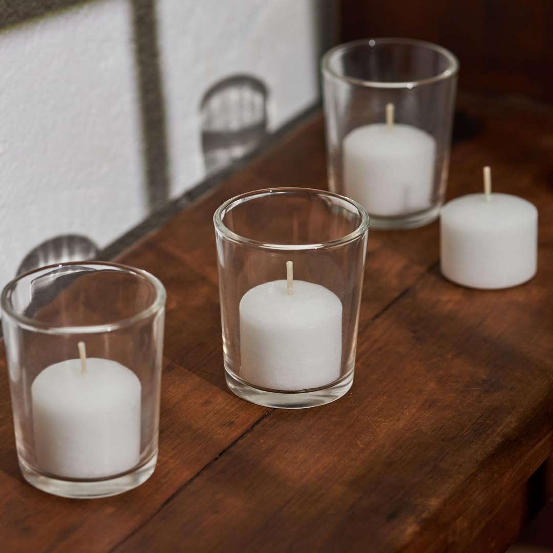 Simply Soson Bulk Unscented Votive Candles - 24 Pack White Small Candles with Glass Holders, 10 Hour Burn Time for Wedding, Birthday, Holiday & Home Decor - Perfect for Centerpieces, Romantic Dinners & Relaxing Ambiance