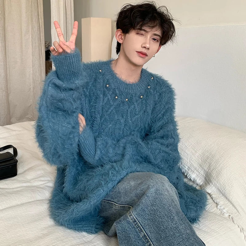 Stylish Korean Round Neck Solid Color Plush Men's Pullover Sweater - Trendy Spring 2025 Fashion (9C4134) | Perfect for Casual Outings, Office Wear & Date Nights