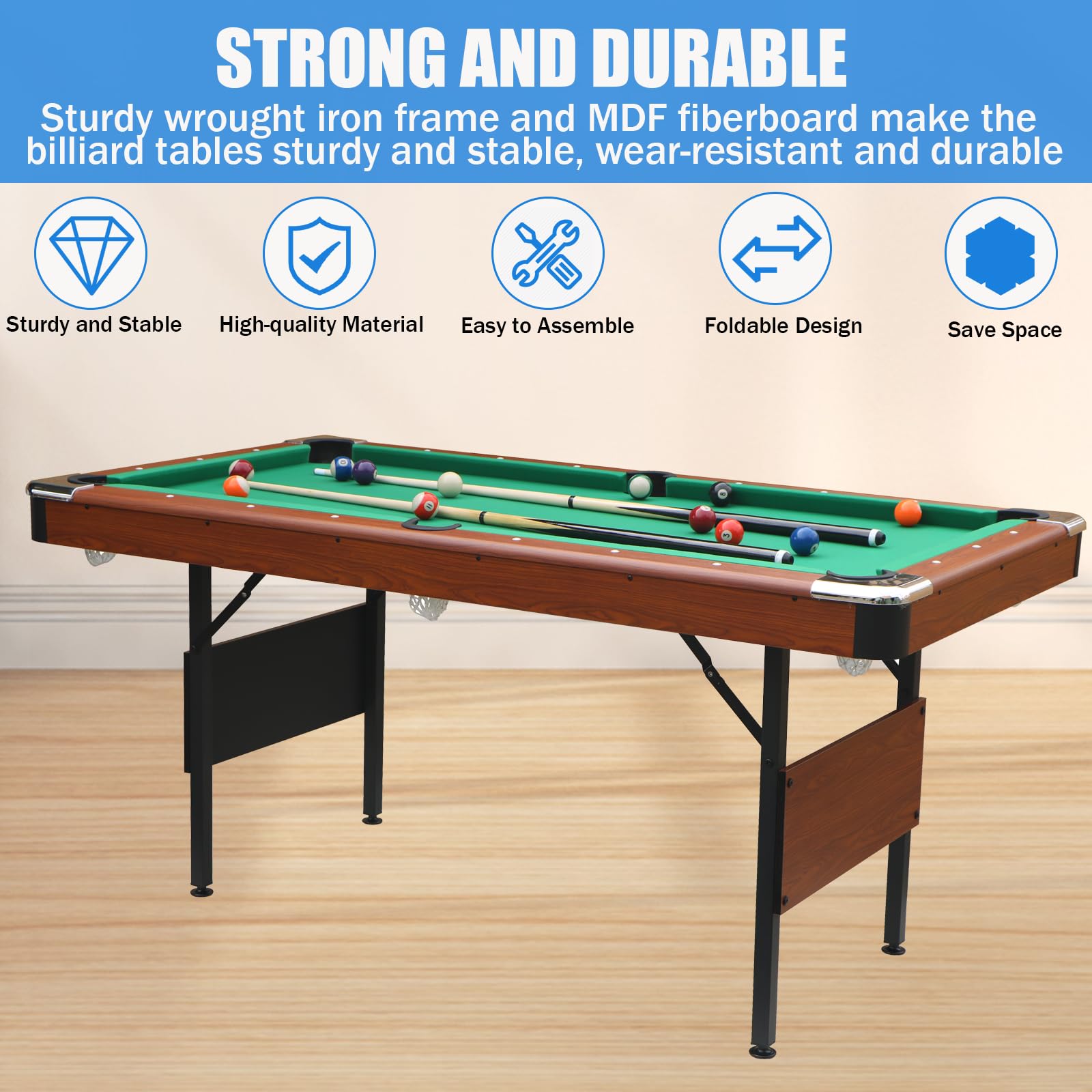 BOSTANA 5.5 ft Foldable Pool Table Set with Balls, Cues, Chalk & Brush - Portable Billiard Table for Home, Game Room, Kids & Adults - Perfect for Family Fun, Parties & Indoor Entertainment