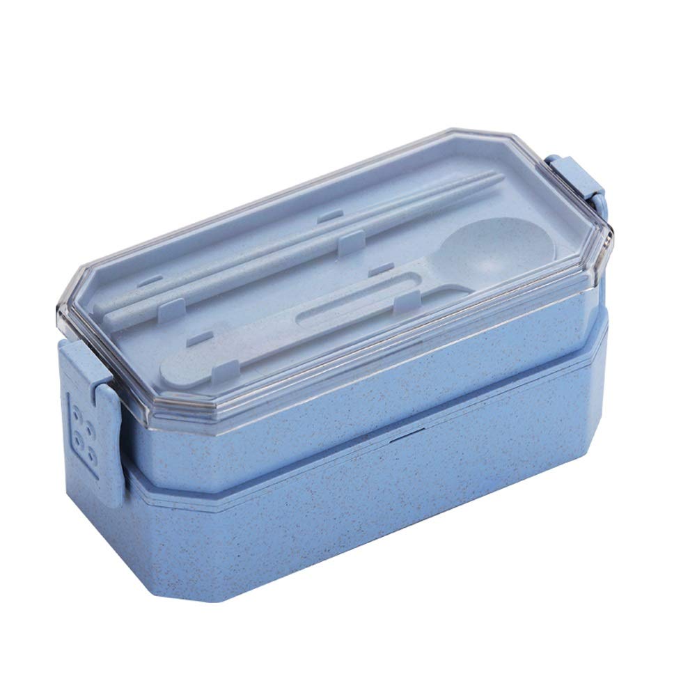 Eco-Friendly Wheat Straw Bento Box - Double Layer Microwave Safe Lunch Container for Students & Office Workers | Portable Meal Prep Box with Heating Compartment (Blue) | Ideal for School, Work, Picnics & Travel
