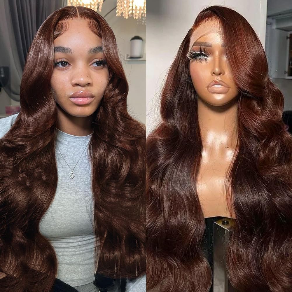 Azkiu 22 Inch Brown Body Wave Lace Front Wig - 150% Density Brazilian Virgin Human Hair with HD Transparent Lace & Pre-Plucked Baby Hair | Natural Look for Daily Wear, Cosplay & Special Occasions