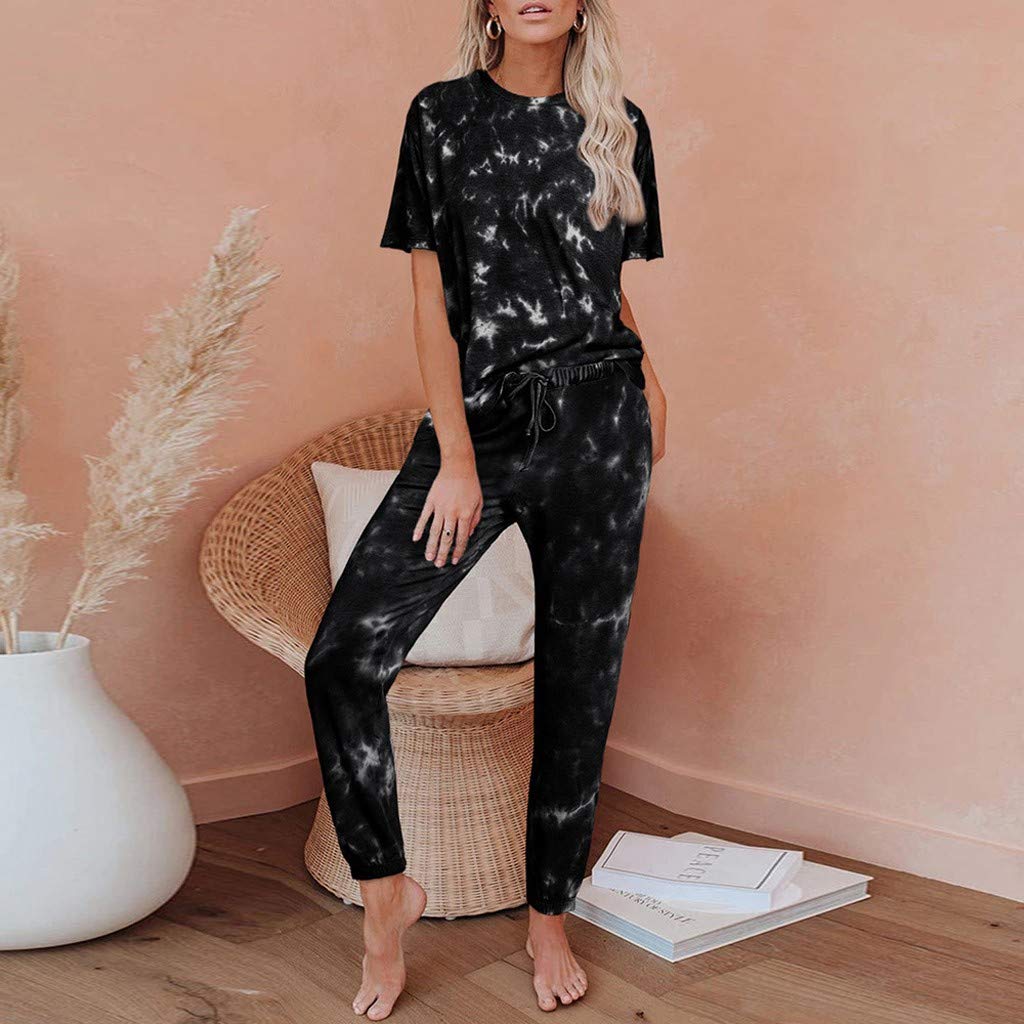 iQKA Women's Tie Dye Loungewear Set - Short Sleeve Top & Long Pants Pajama Jogger Outfit (2 Piece) | Soft Cotton Sleepwear for Home, Yoga & Relaxation