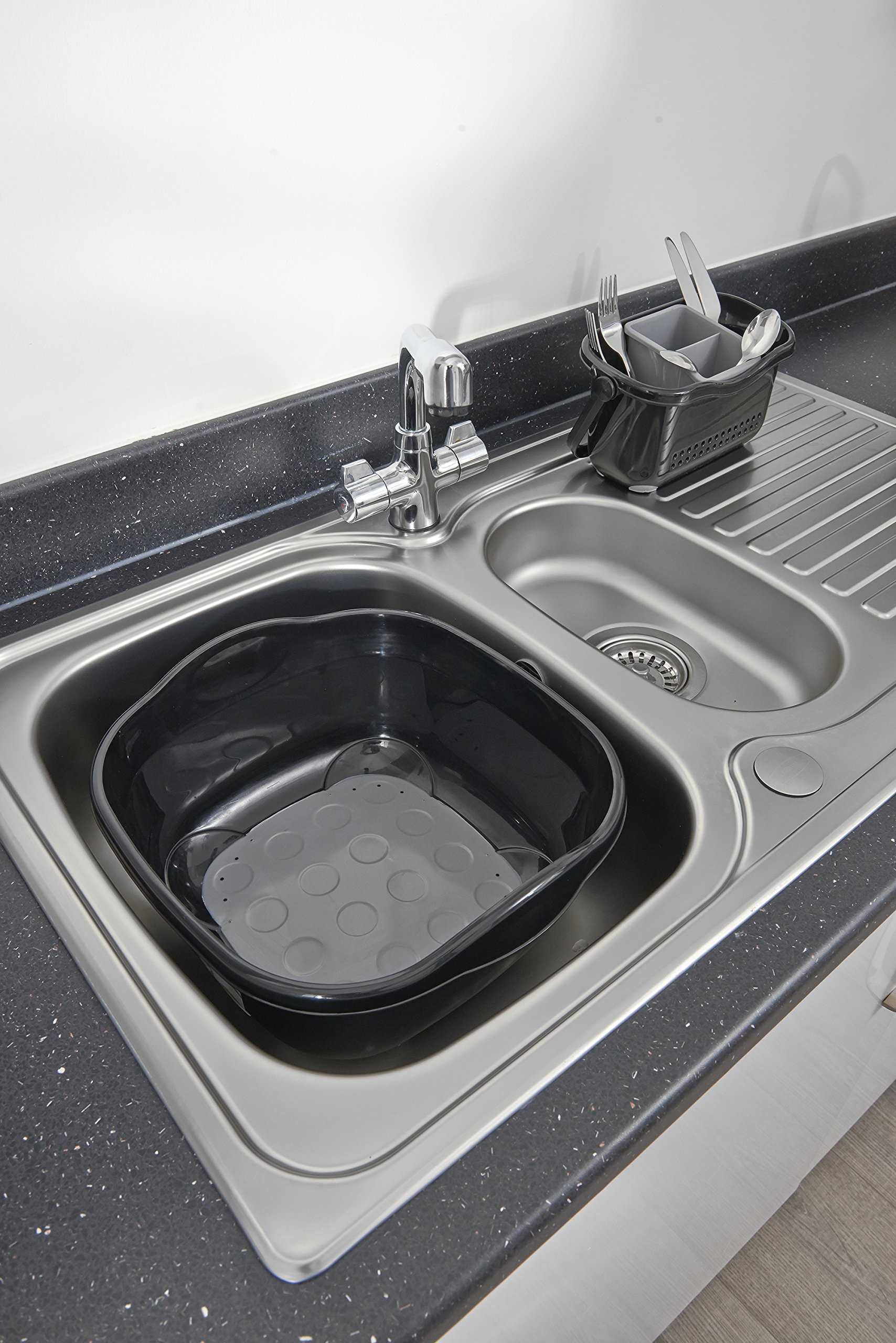 Soft Touch Washing Up Bowl - Durable Kitchen Sink Basin with Non-Slip Base (Black/Grey) - Perfect for Dishwashing, Food Prep & Organizing Kitchen Utensils