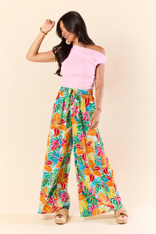 Beach Breeze Blue Mixed Print Wide Leg Pants for Women - Comfortable Summer Vacation & Boho Style Outfit