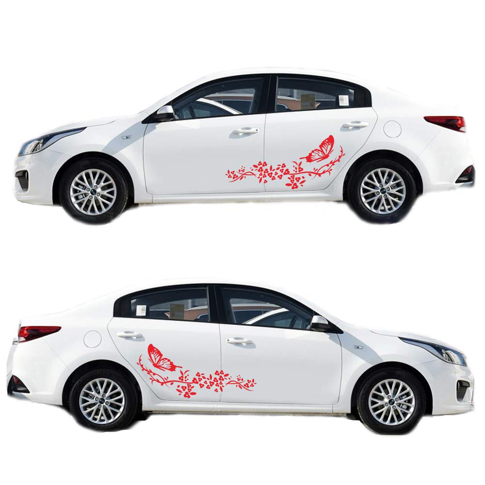 Butterfly Flower Car Stickers - Red Vinyl Decals for Both Car Body Sides | Waterproof & UV Resistant | Perfect for Personalizing Your Vehicle, Truck, or SUV