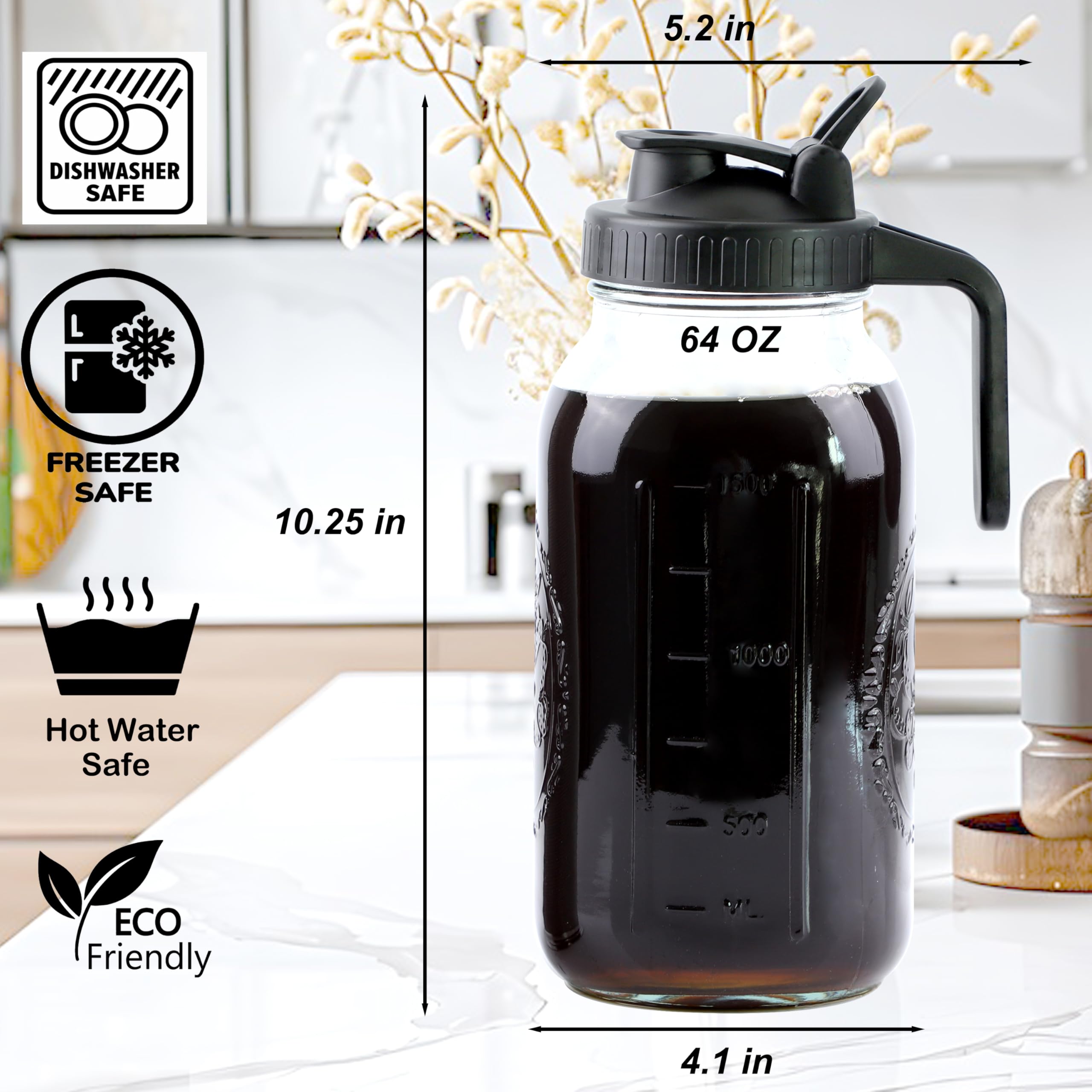 64 Oz Cold Brew Coffee Maker Set - 2 Half Gallon Glass Pitchers with Pour Spout Lids & Strainer - Wide Mouth Mason Jar for Iced Coffee, Lemonade, Milk - Perfect for Refrigerator Storage & Home Brewing