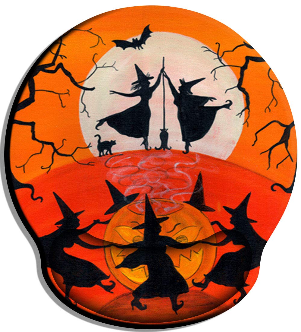 Ergonomic Mouse Pad with Wrist Support - Halloween Witch Dancing Party Design - Non-Slip PU Rubber Base for Computers & Laptops - Perfect for Gaming, Home Office & Easy Typing - Great Gift for Halloween & Cosplay Enthusiasts