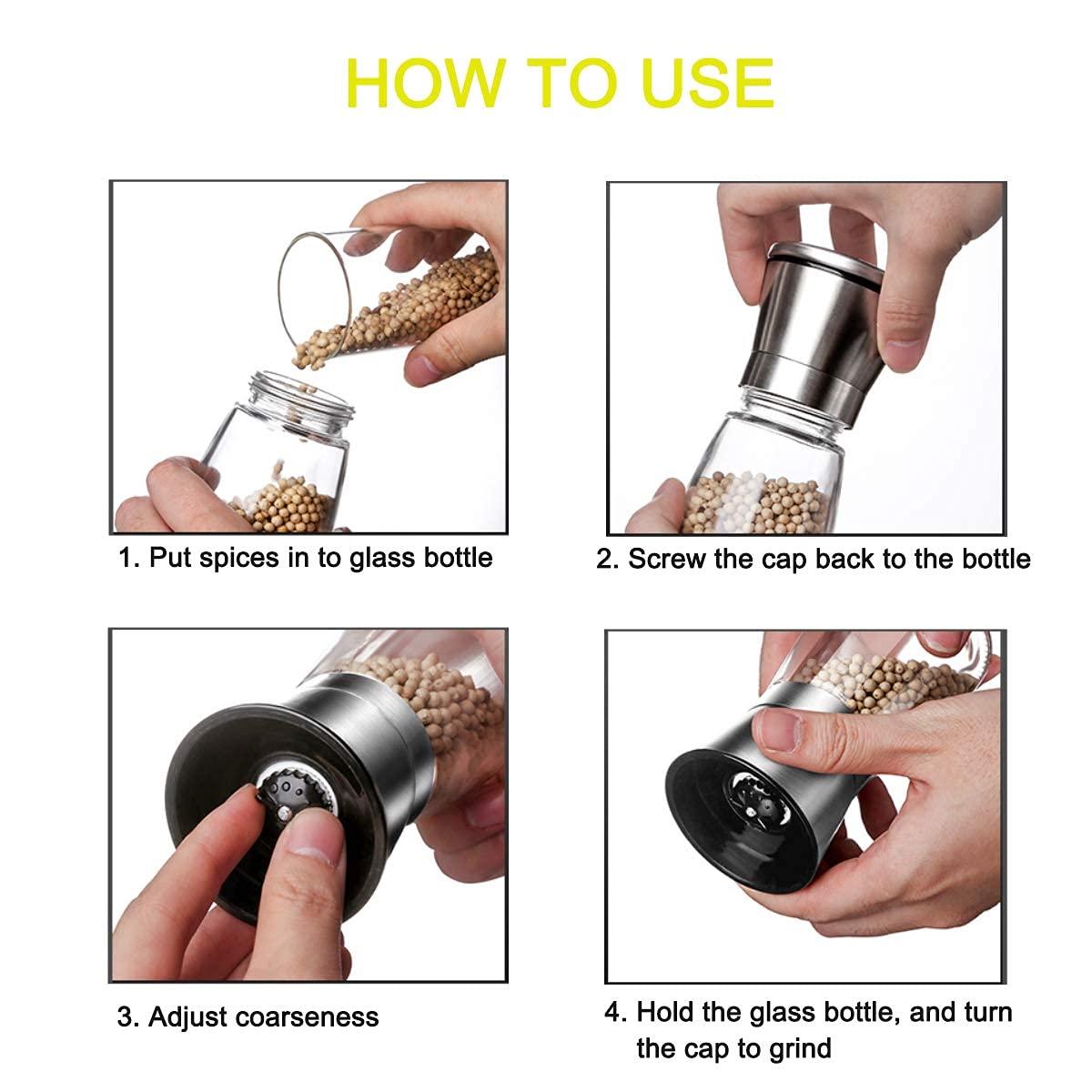 Premium Stainless Steel Salt and Pepper Grinder Set - Adjustable Coarseness, Refillable Glass Shakers for Himalayan Salt & Black Peppercorns with Bonus Stand - Perfect for Kitchen, Dining Table & Gourmet Cooking