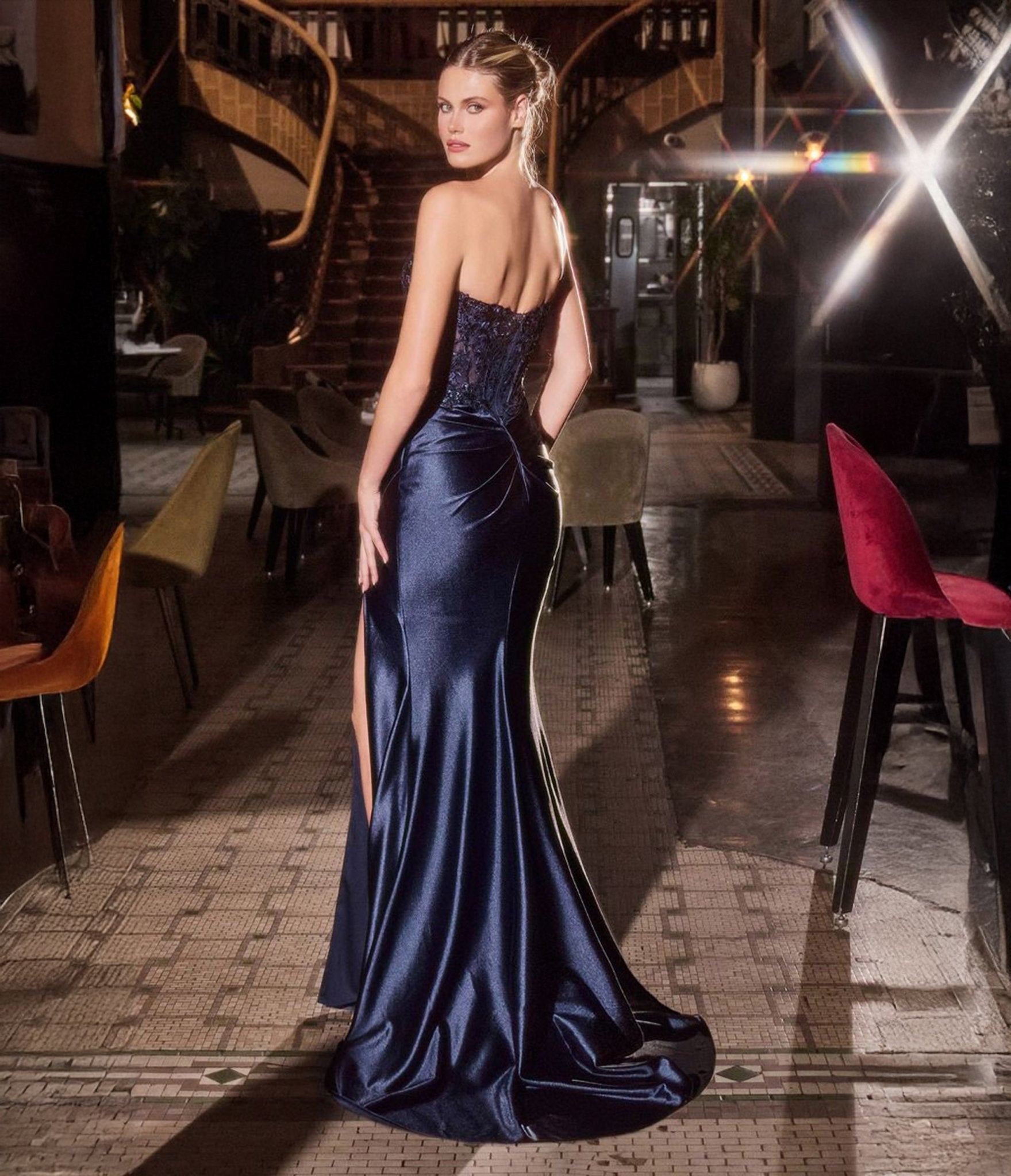 Ladivine by Cinderella Divine Navy Blue Strapless Satin Prom Dress for Homecoming, Formal Dances & Special Occasions