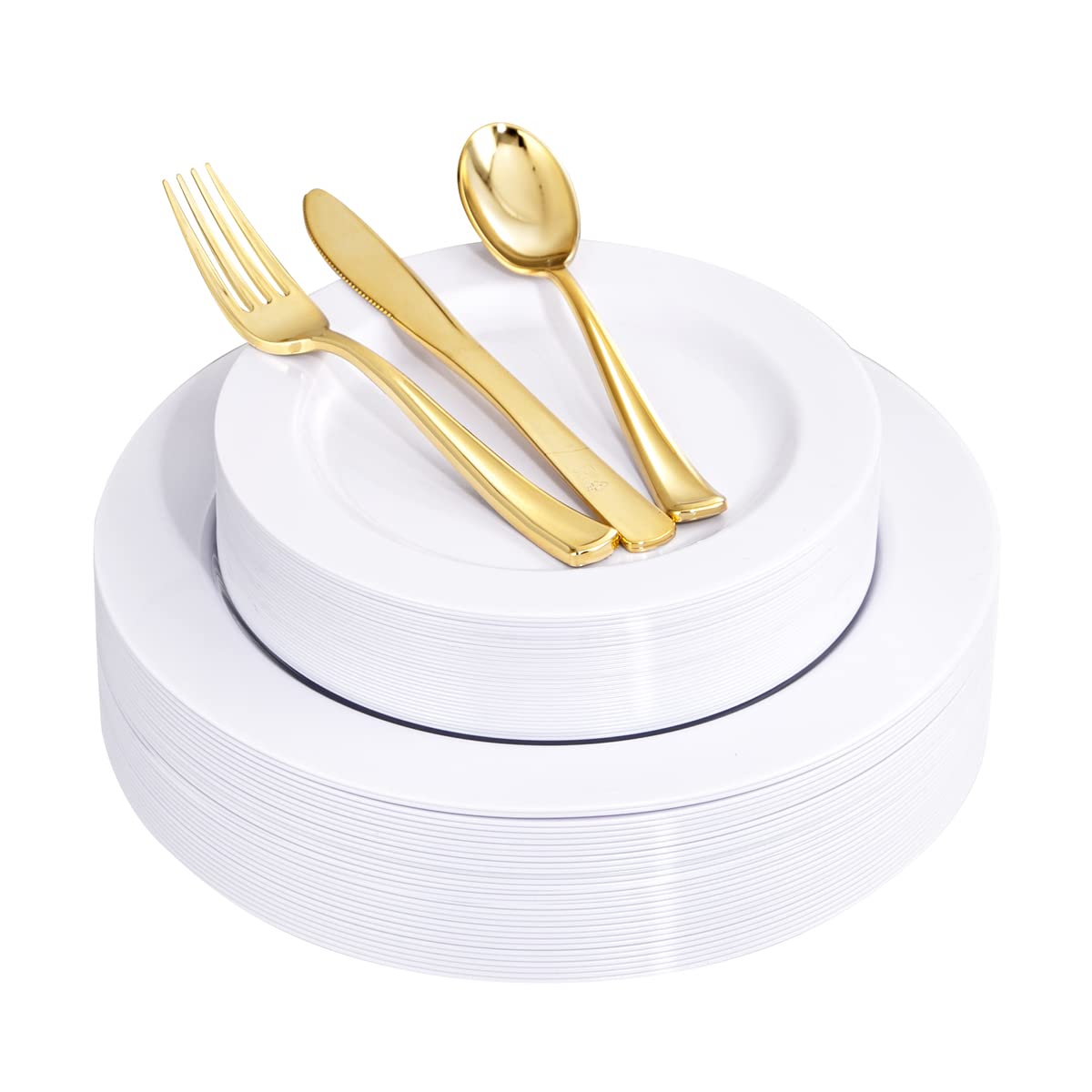 U-QE 150-Piece White Plastic Disposable Plates & Cutlery Set - 30 Dinner Plates, 30 Dessert Plates, 30 Gold Plastic Forks, Knives, Spoons - Perfect for Weddings, Parties, Picnics & Outdoor Events