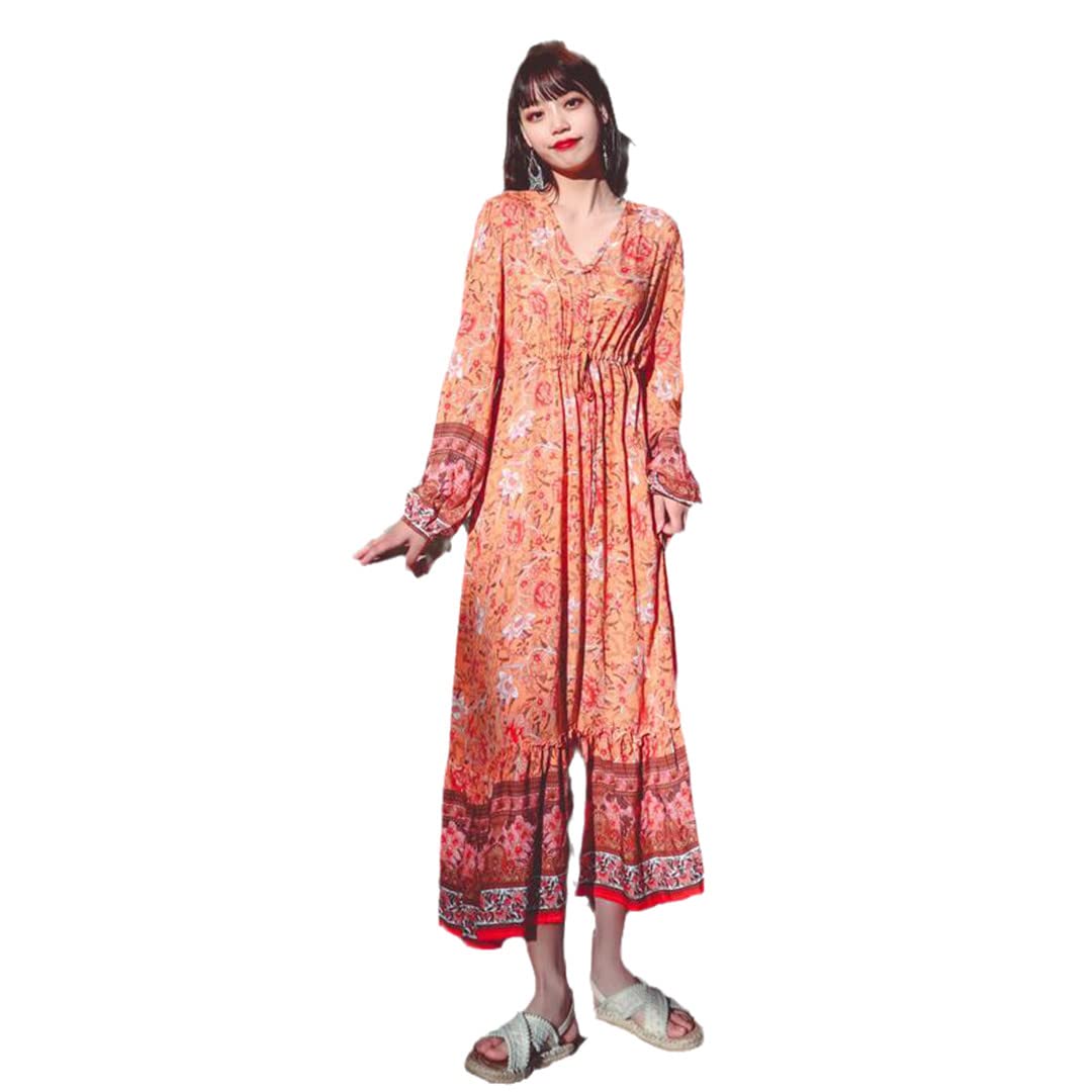 Korean Women's Bohemian Summer Beach Dress - V-Neck Lantern Sleeve Exotic Maxi Dress for Vacation, Travel & Outdoor Parties | Perfect for Beach Getaways, Music Festivals and Tropical Vacations